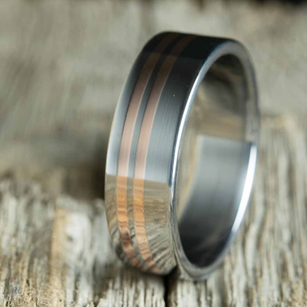 Custom Titanium ring with copper pinstripes