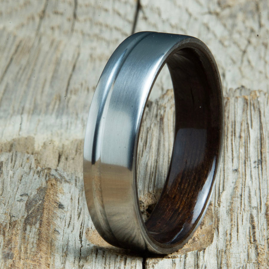 Single groove satin titanium wood ring with Rosewood