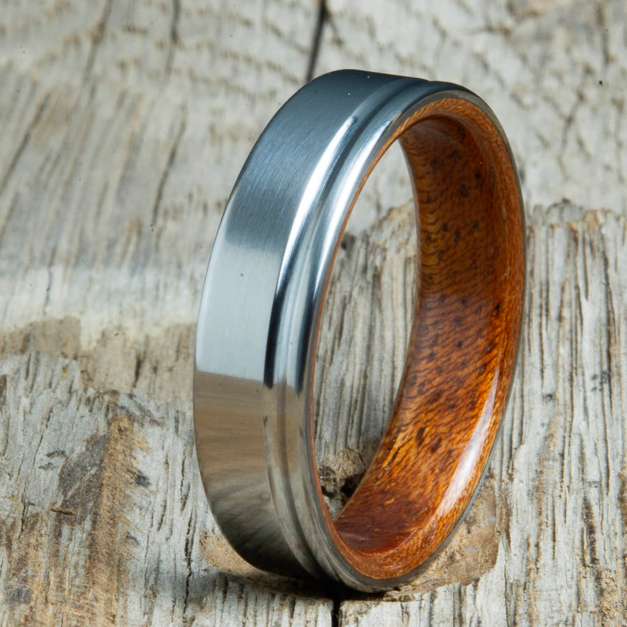 Single grooved pinstripe satin titanium mens ring with Acacia wood. Unique mens rings with wood and titanium made by Peacefield Titanium.