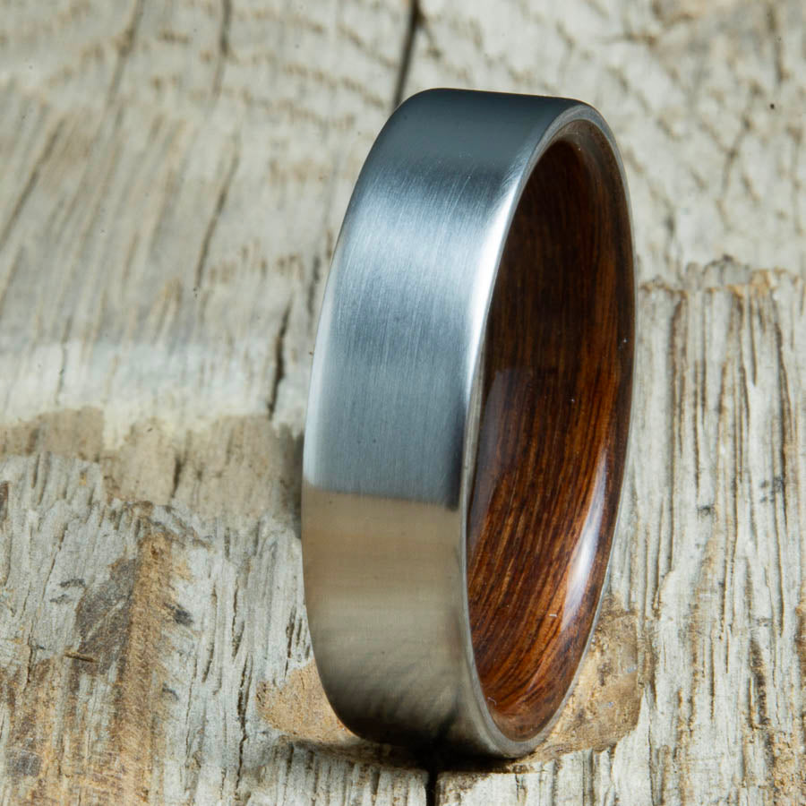 Mens rings with satin titanium and Rosewood interior. Unique Mens rings and wedding bands handcrafted by Peacefield Titanium