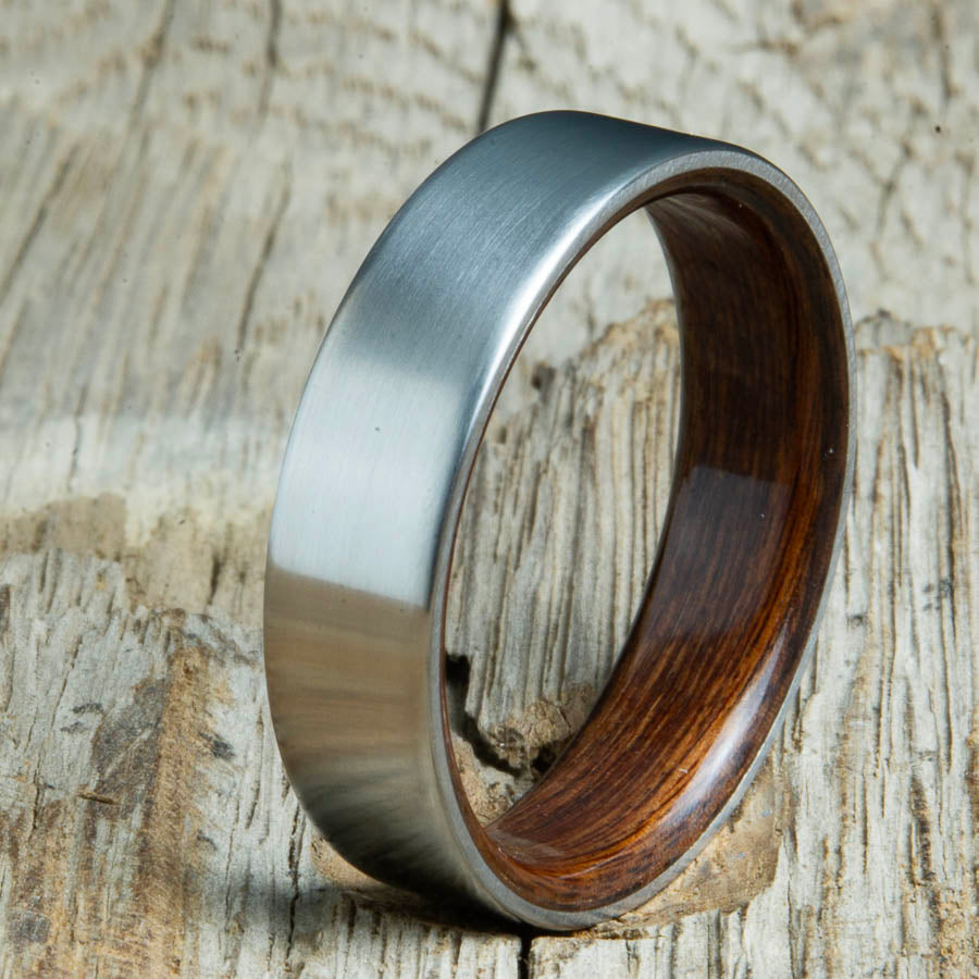 Mens rings with satin titanium and Rosewood interior. Unique Mens rings and wedding bands handcrafted by Peacefield Titanium