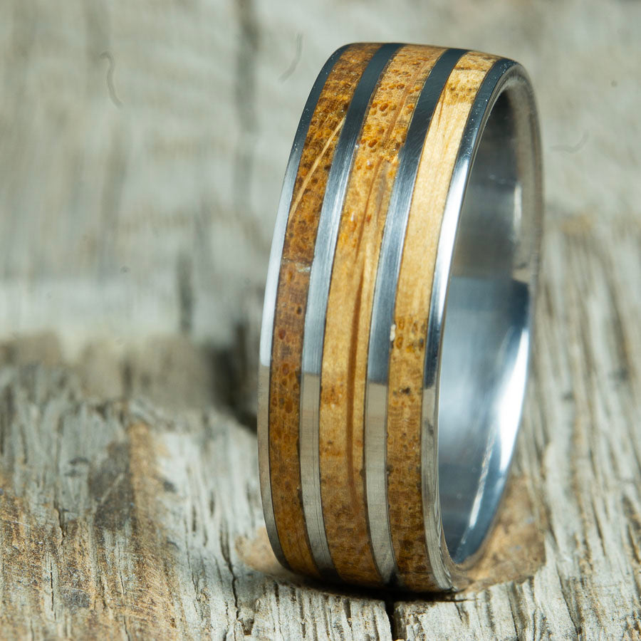 whiskey barrel wood ring with polished titanium