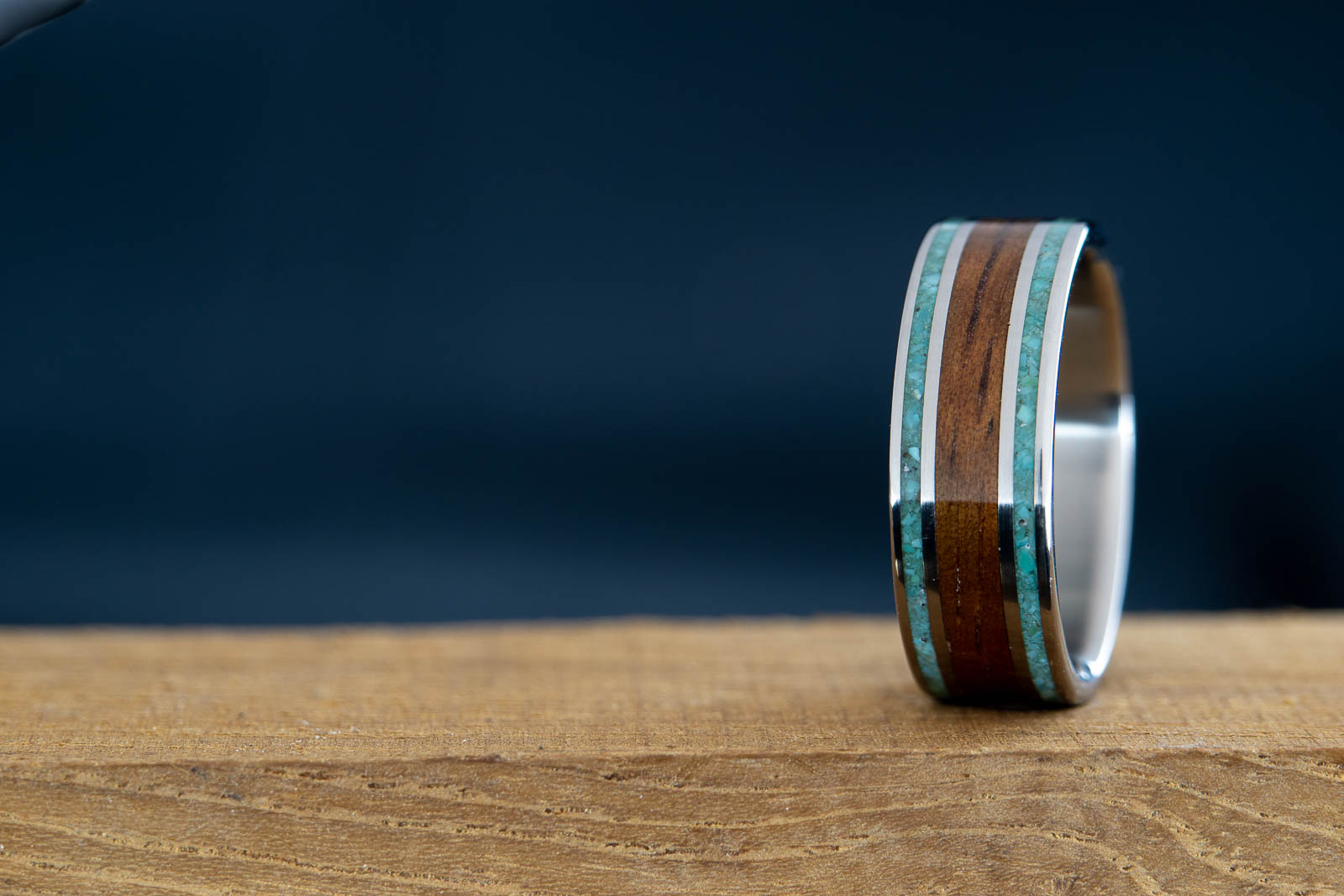 titanium wedding band with koa and turquoise inlay
