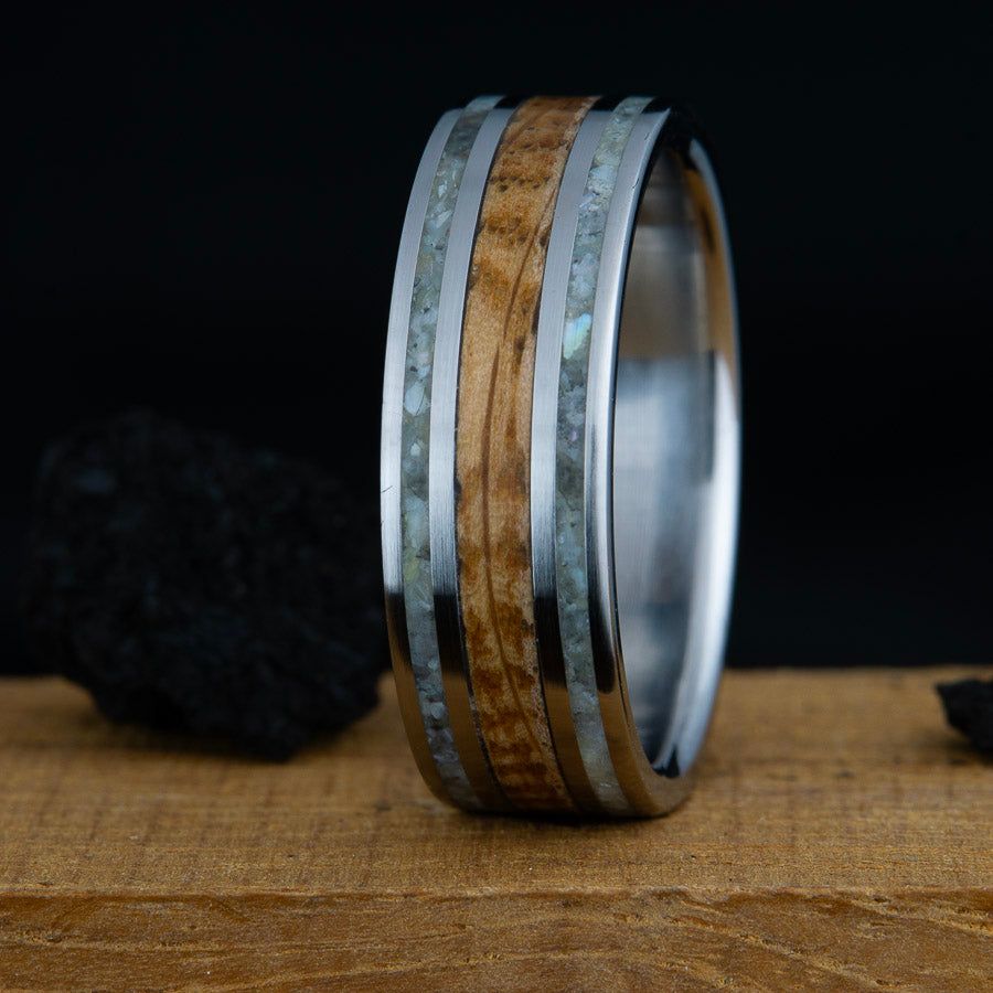 Whiskey barrel wood and pearl inlay ring