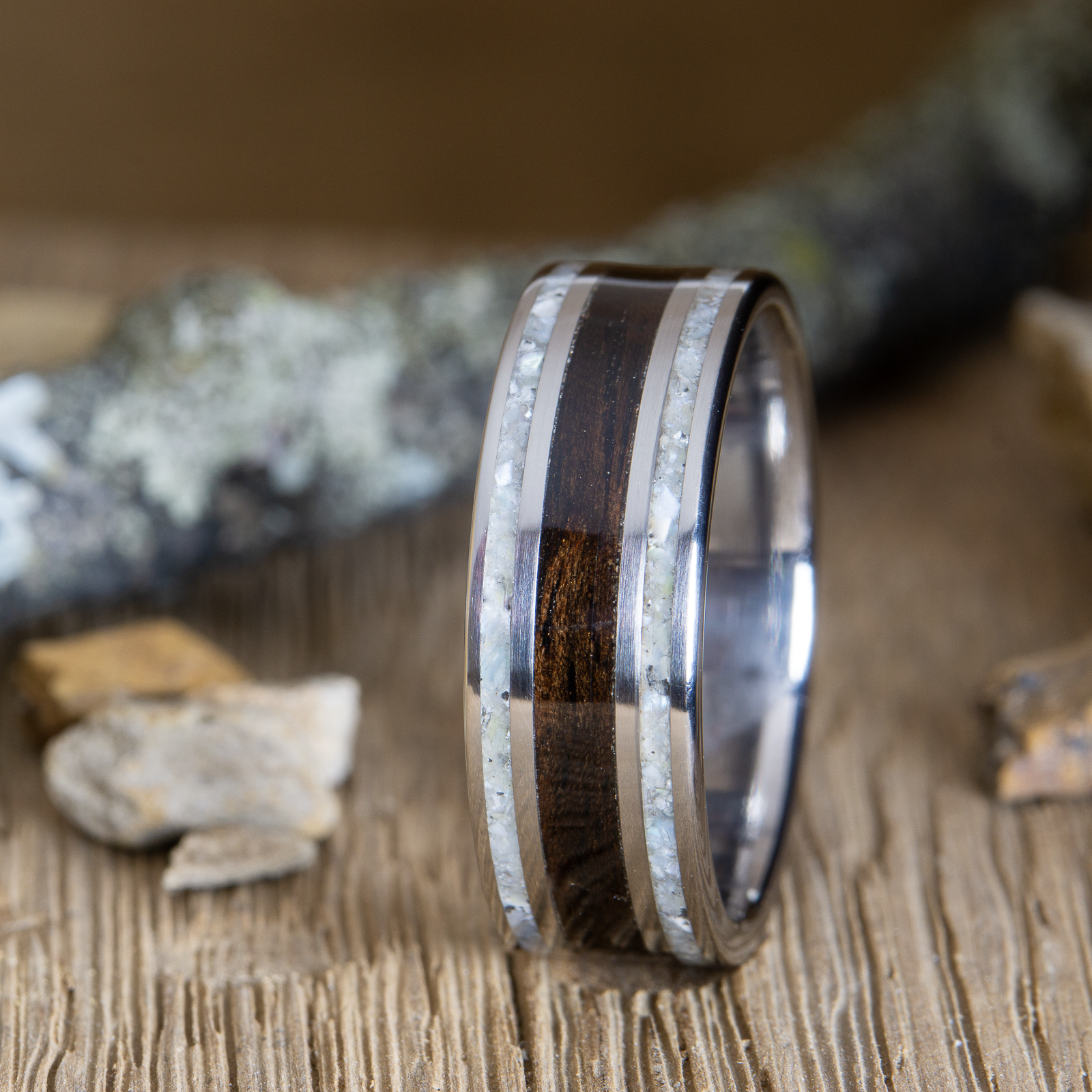 titanium ring with ebony wood and mother of pearl