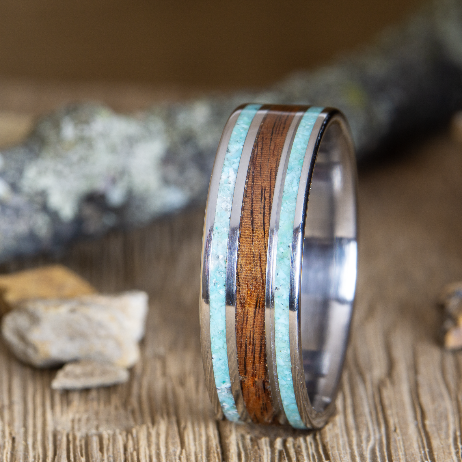 titanium ring with rosewood and mother of pearl