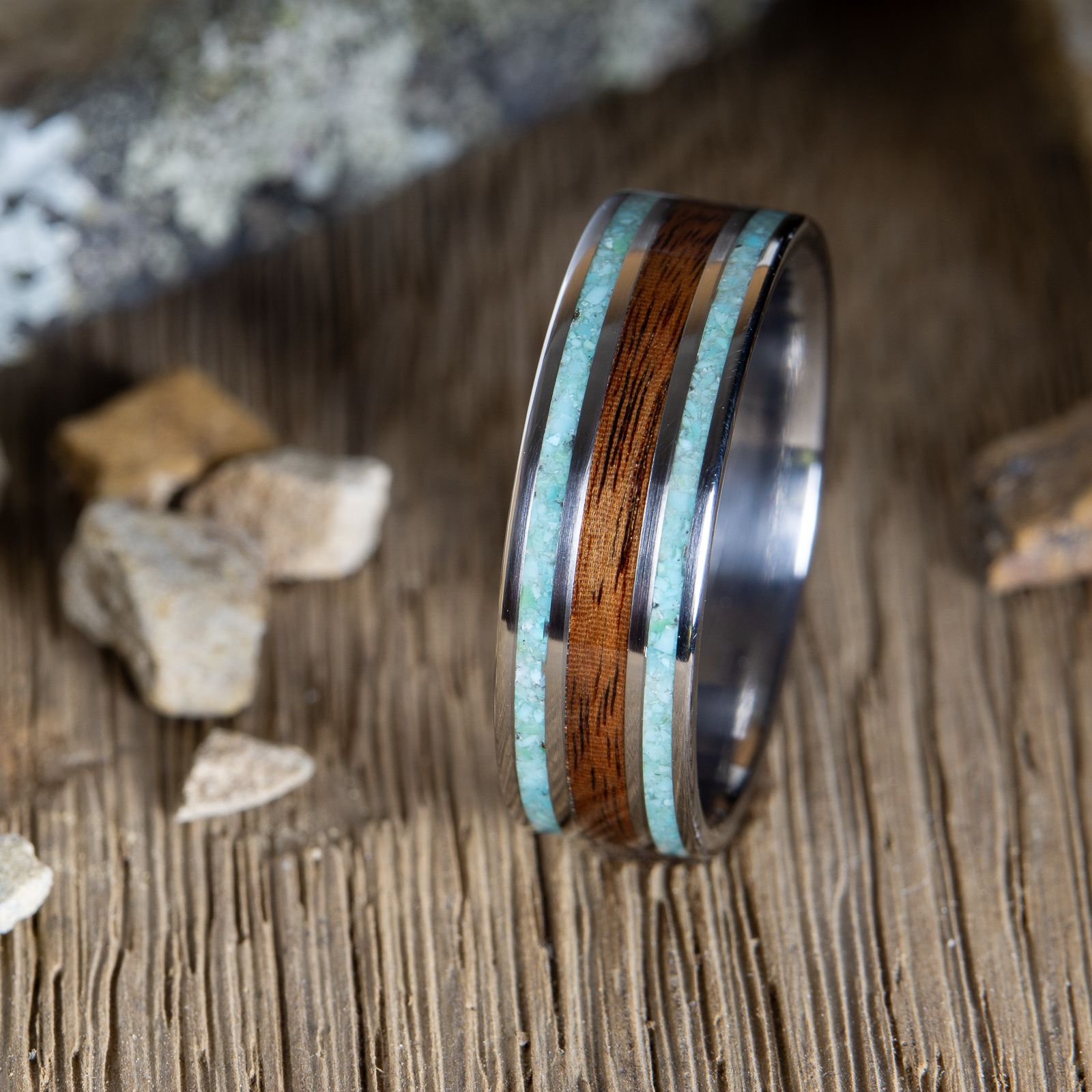 titanium ring with rosewood and turquoise