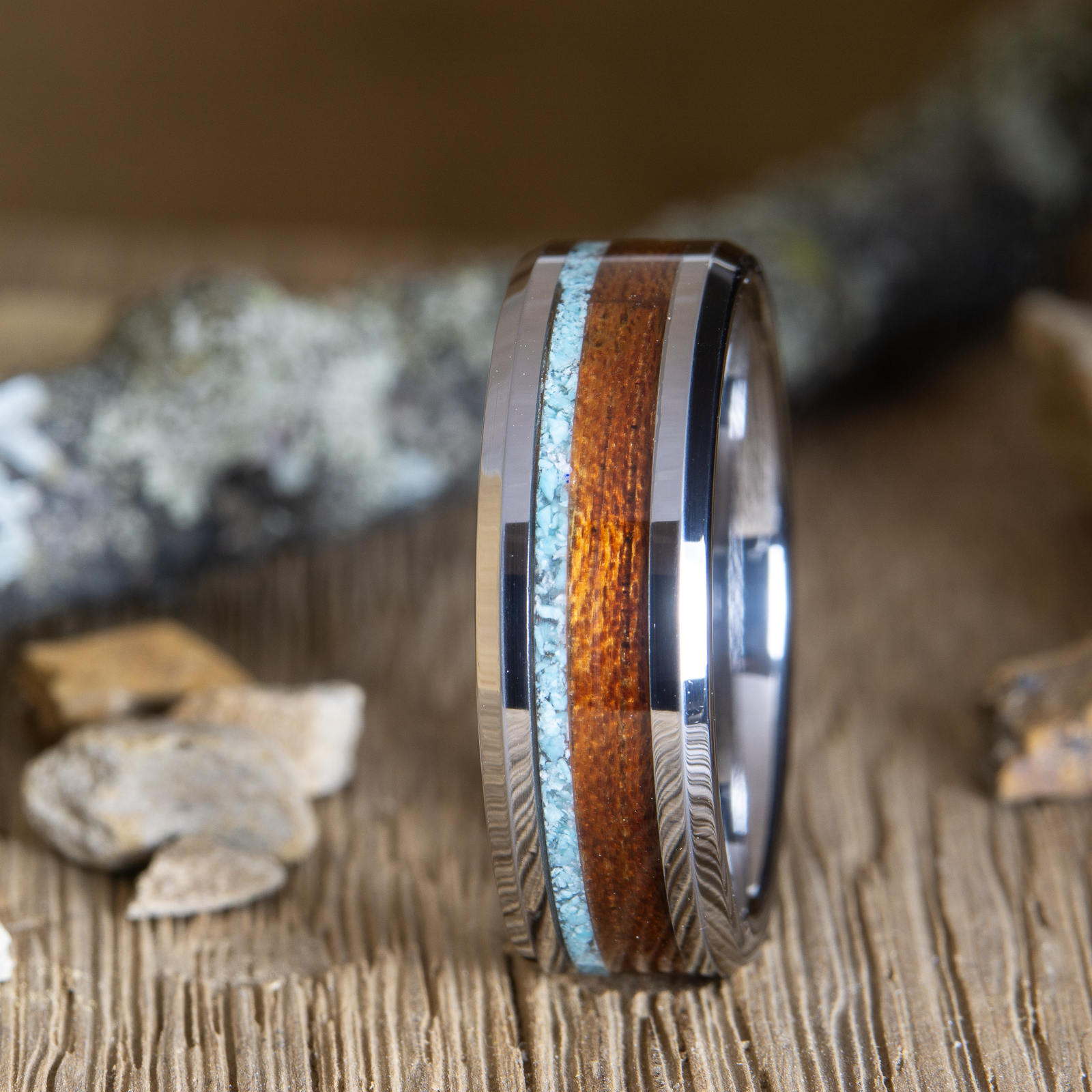 tungsten ring with acacia wood and turquoise