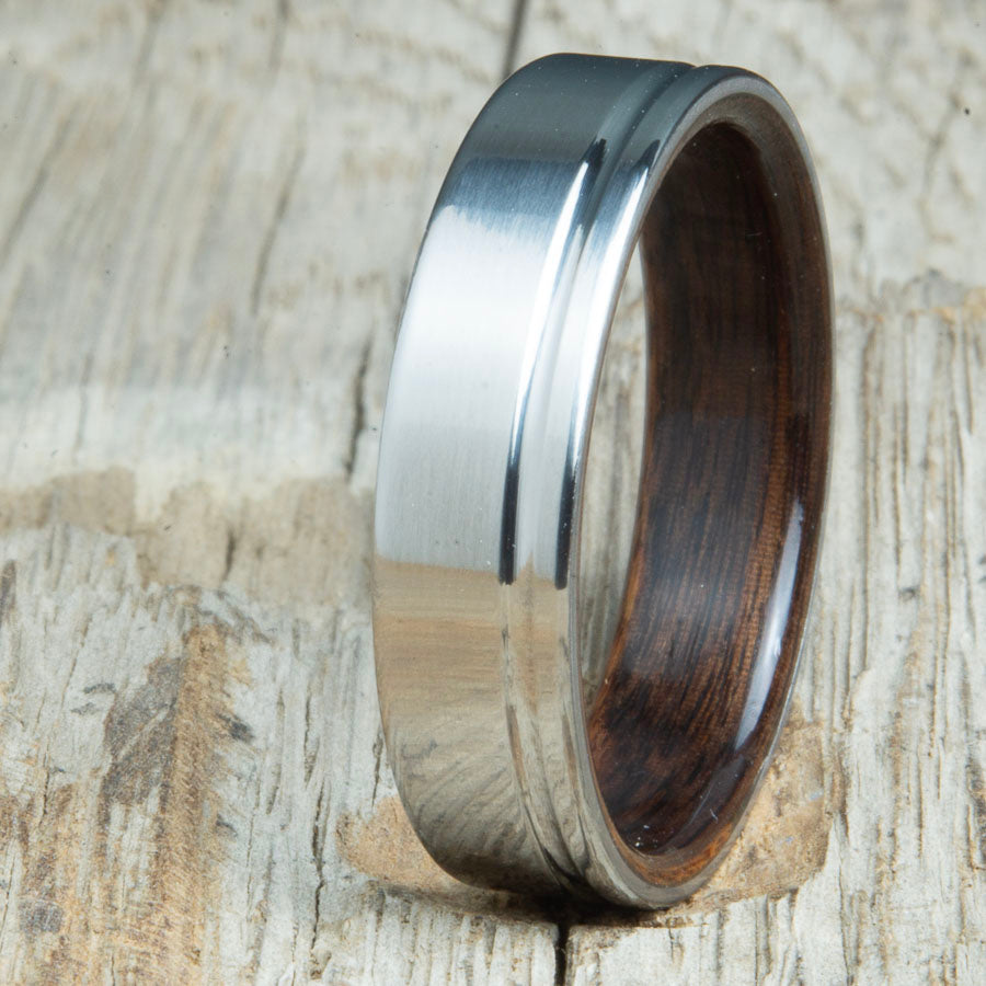 Titanium wedding bands with Rosewood interior. Unique handcrafted rings and bands made by Peacefield Titanium.