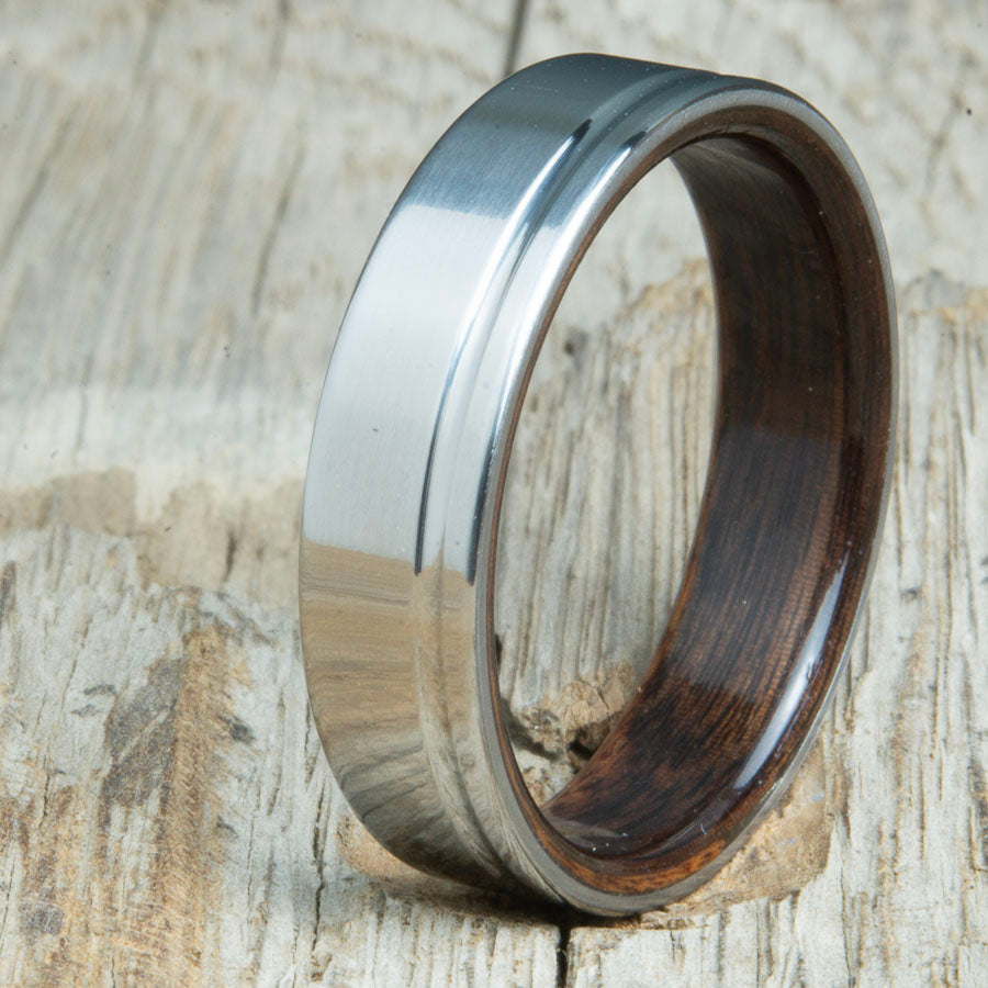 Titanium wedding bands with Rosewood interior. Unique handcrafted rings and bands made by Peacefield Titanium.