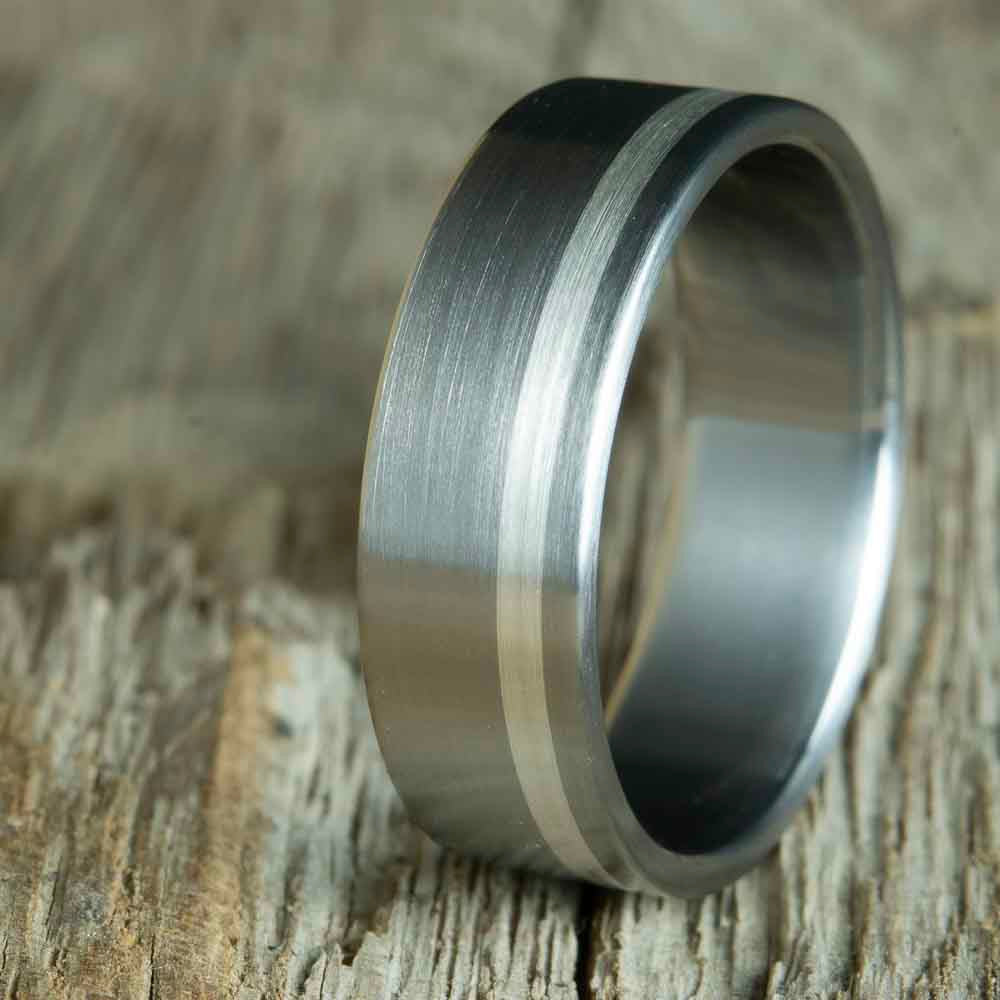 titanium ring brushed with silver pinstripe