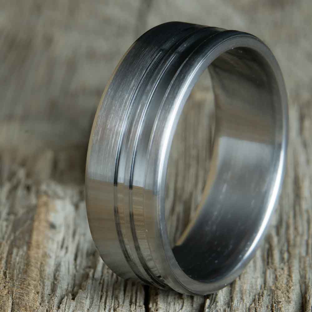satin titanium wedding ring with custom grooves