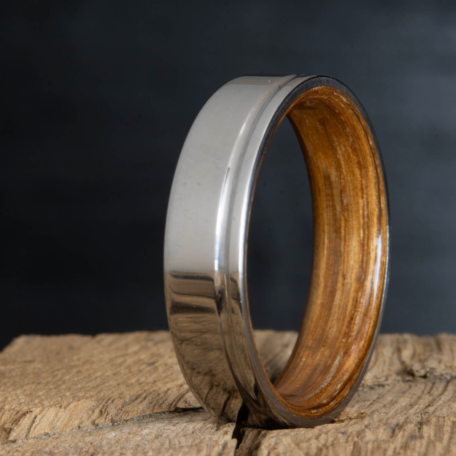 single groove titanium wood ring with whiskey barrel wood