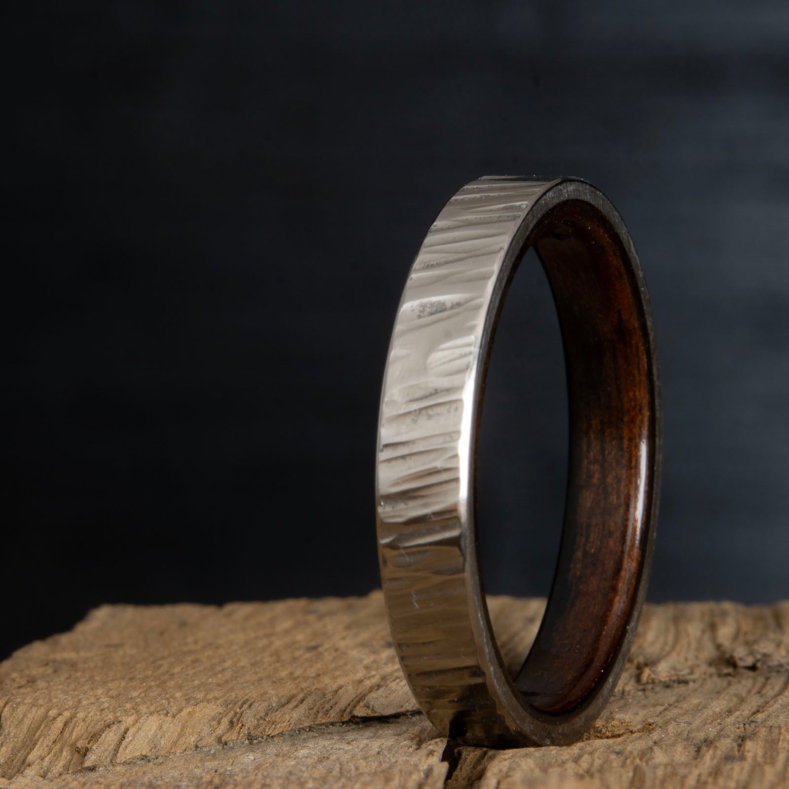 hammered wedding band-hammered titanium with ebony wood 