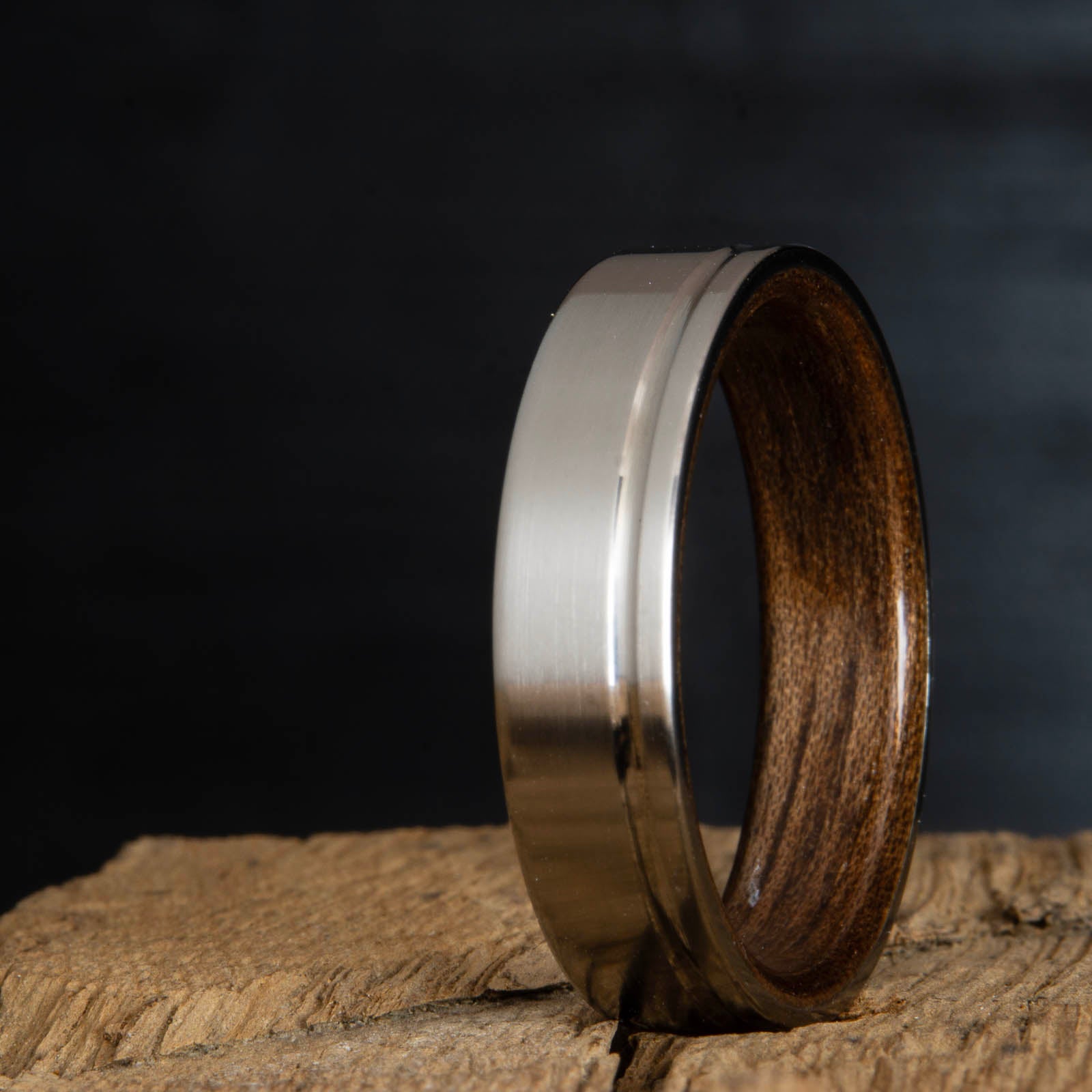 titanium walnut ring-single groove satin titanium wood ring with walnut