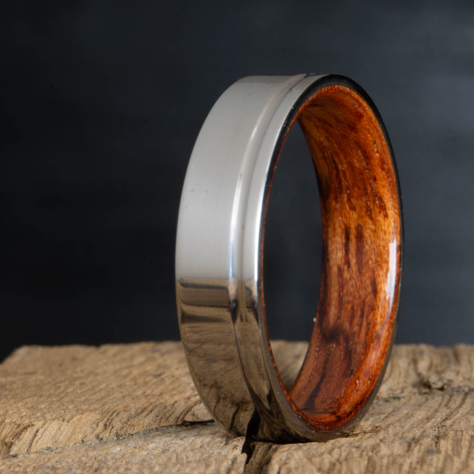 titanium bubinga wood ring- polished groove titanium wood rings