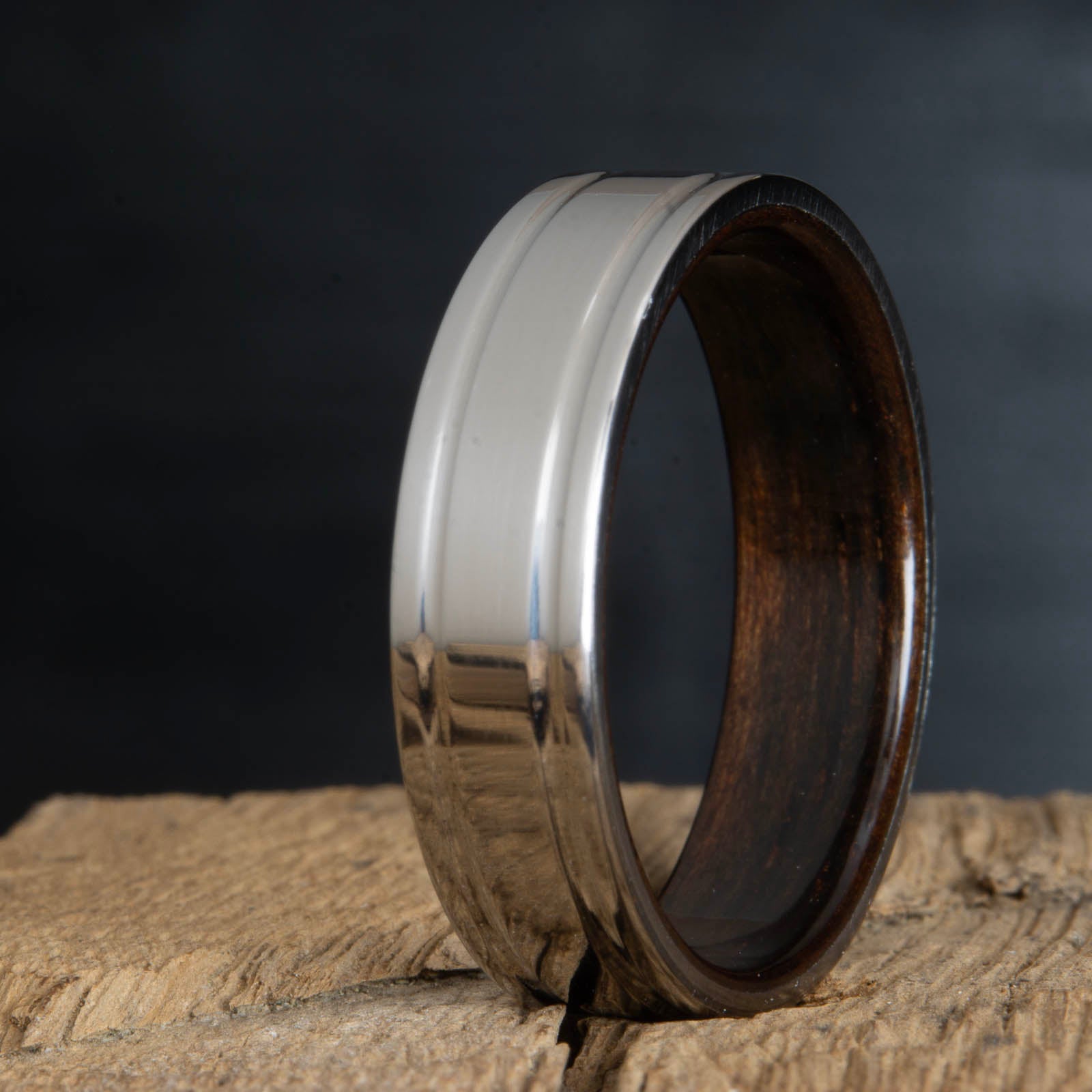 titanium ebony wood ring- double groove polished titanium wood ring