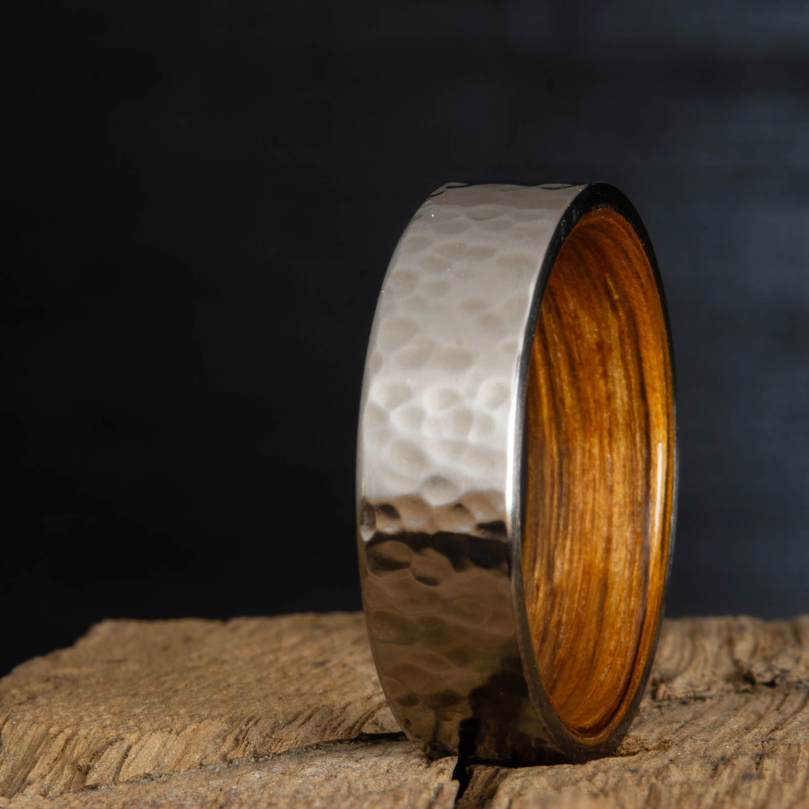 hammered rings- hammered titanium with whiskey barrel wood
