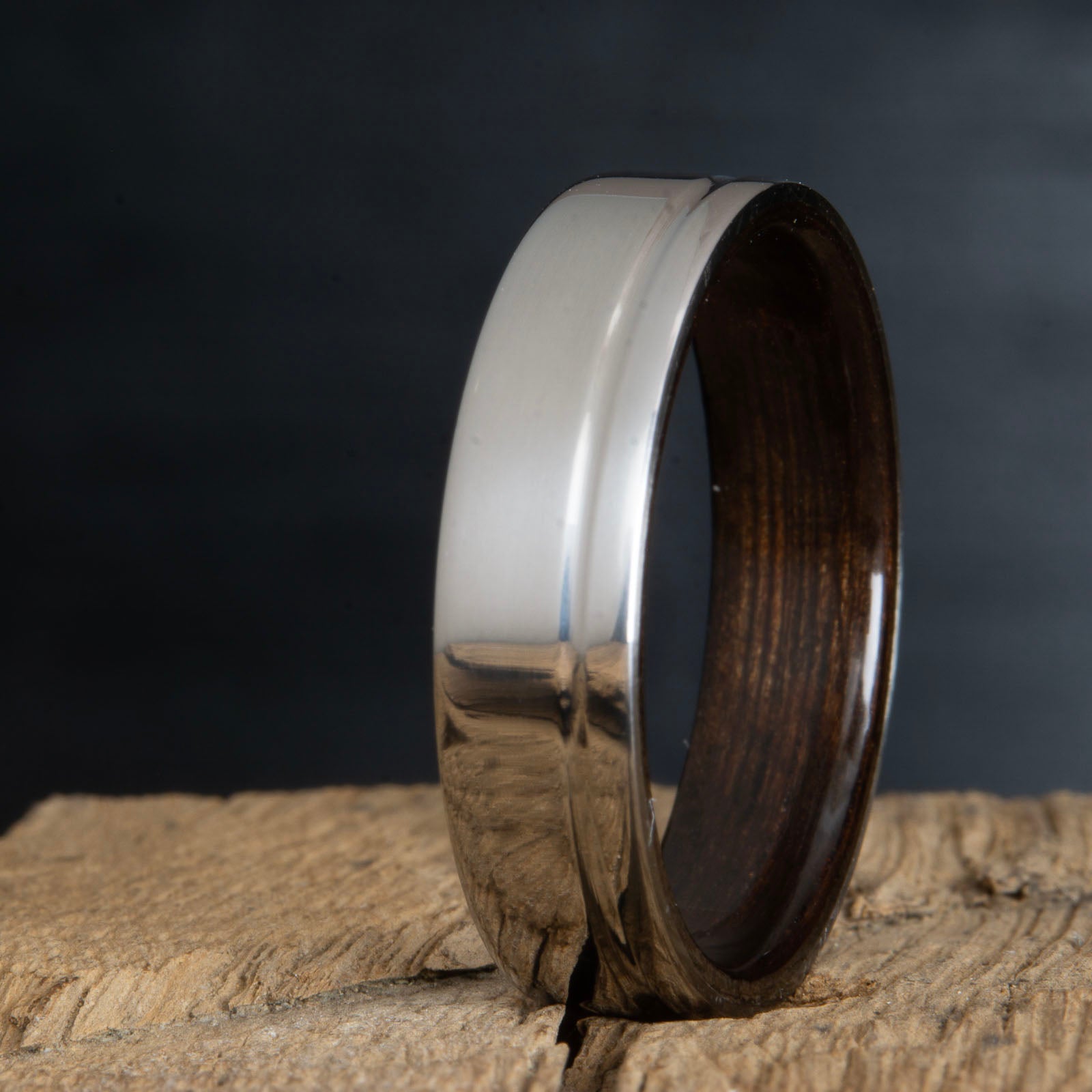titanium ebony ring- single groove polished titanium wood ring with ebony