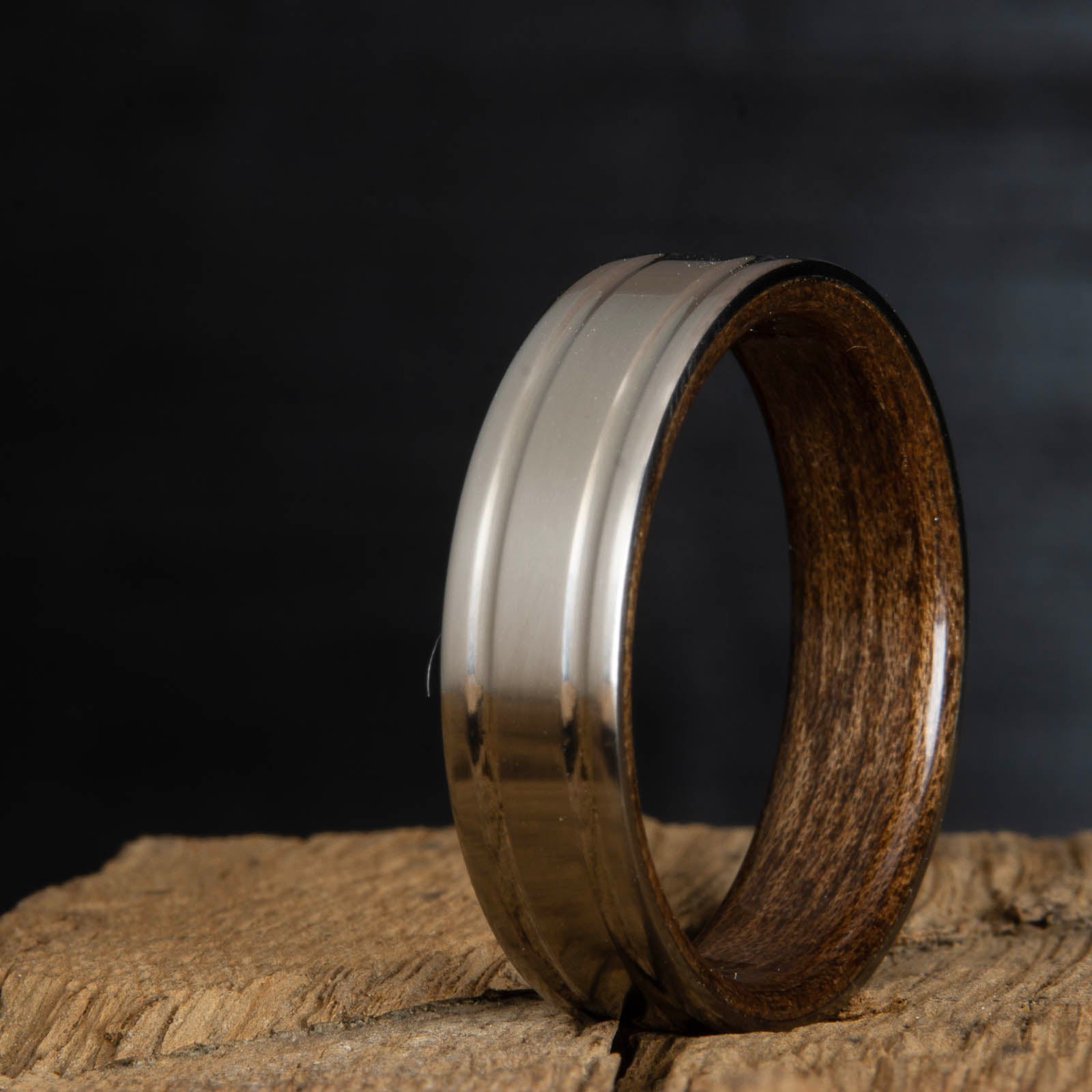 titanium walnut ring-double groove satin titanium wood ring with walnut