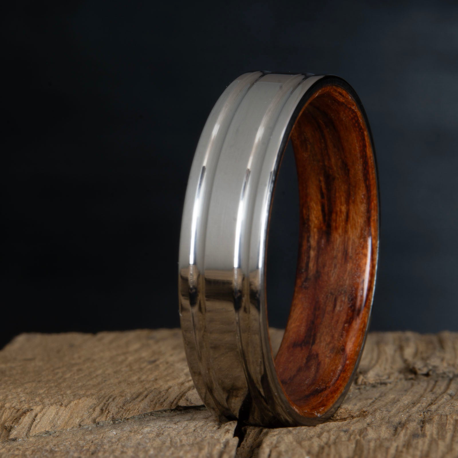 titanium and bubinga wood ring- double groove polished titanium wood ring with bubinga