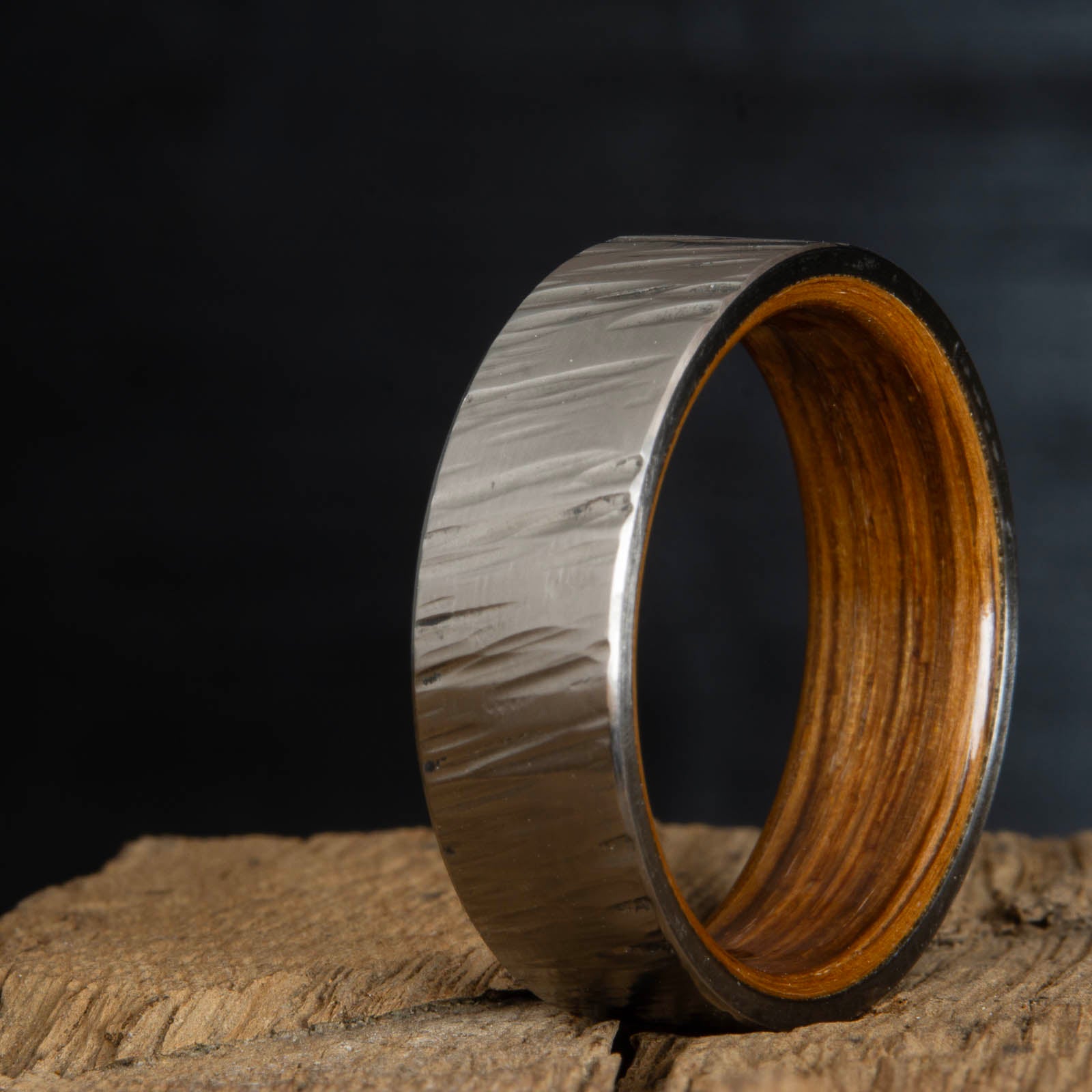 hammered rings-hammered titanium with whiskey barrel wood