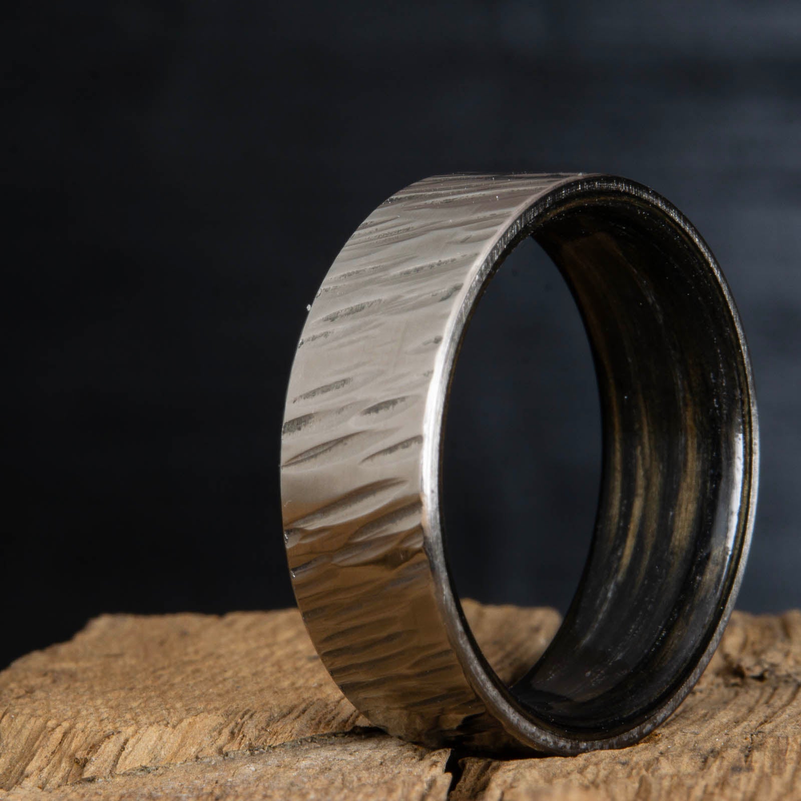 hammered rings- hammered titanium with aged whiskey barrel wood