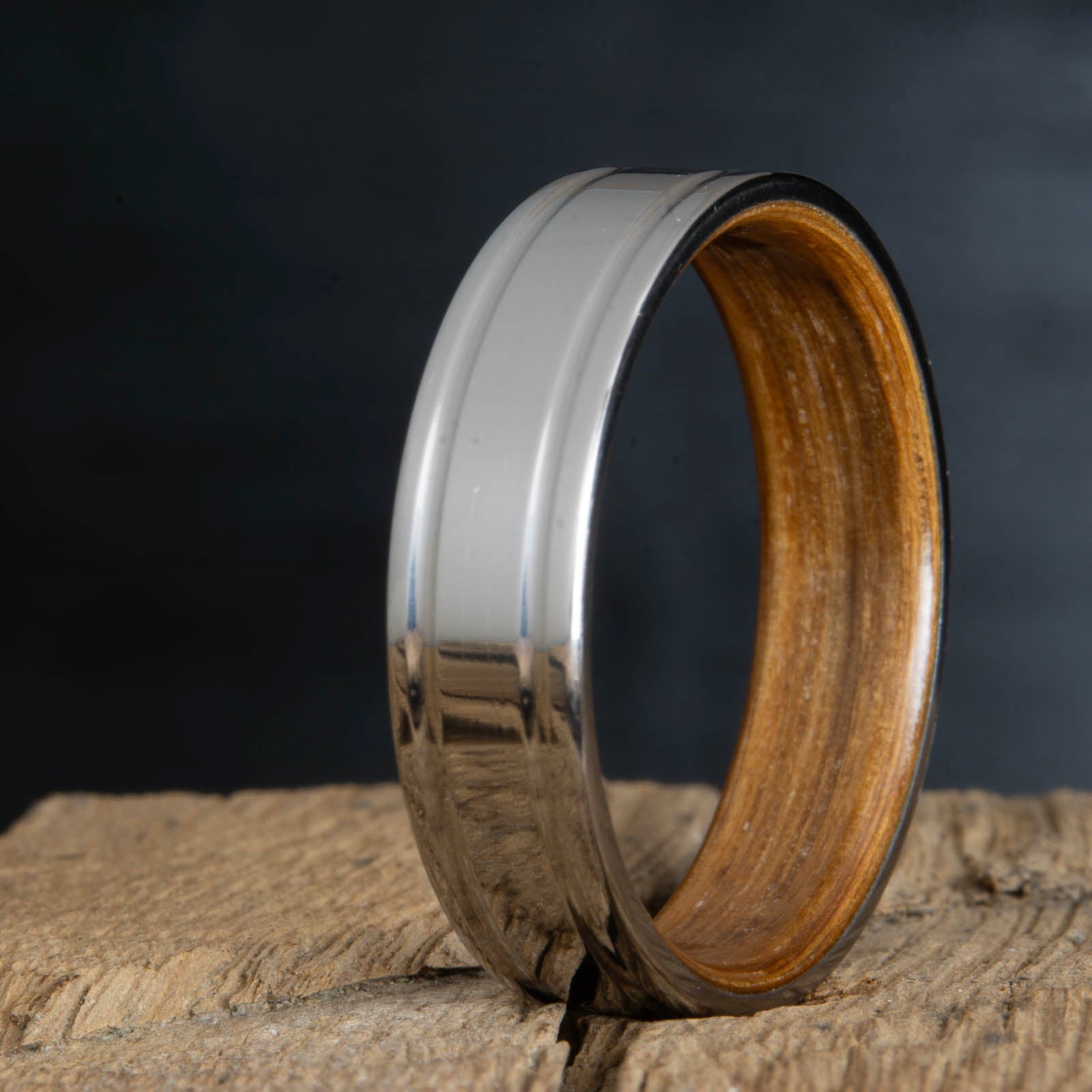 double groove polished titanium with whiskey barrel wood wedding band