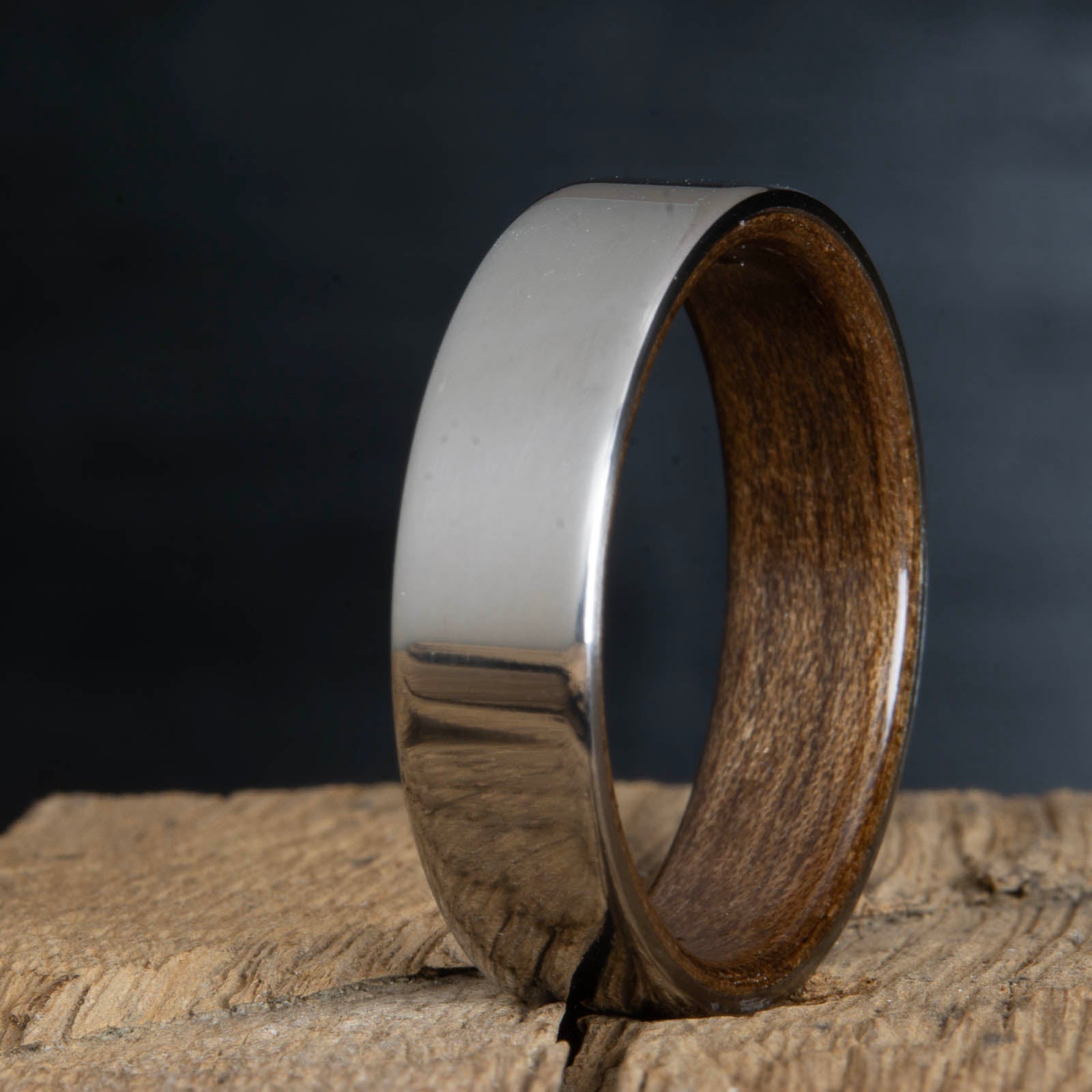 titanium walnut ring- polished titanium wood ring with walnut