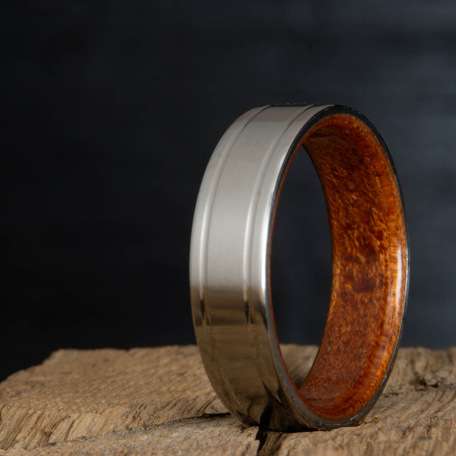 titanium acacia ring-double groove satin titanium wood ring with acacia wood
