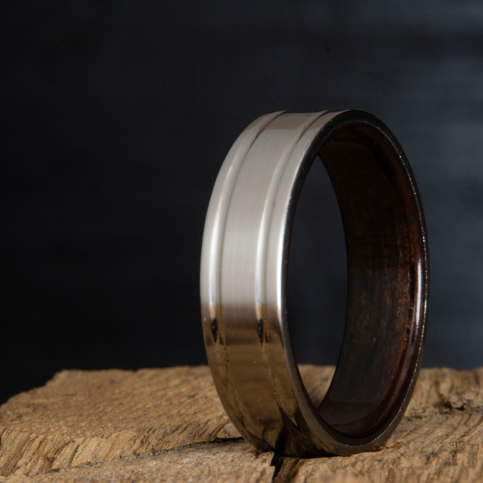 titanium ebony ring-satin titanium wood ring with ebony