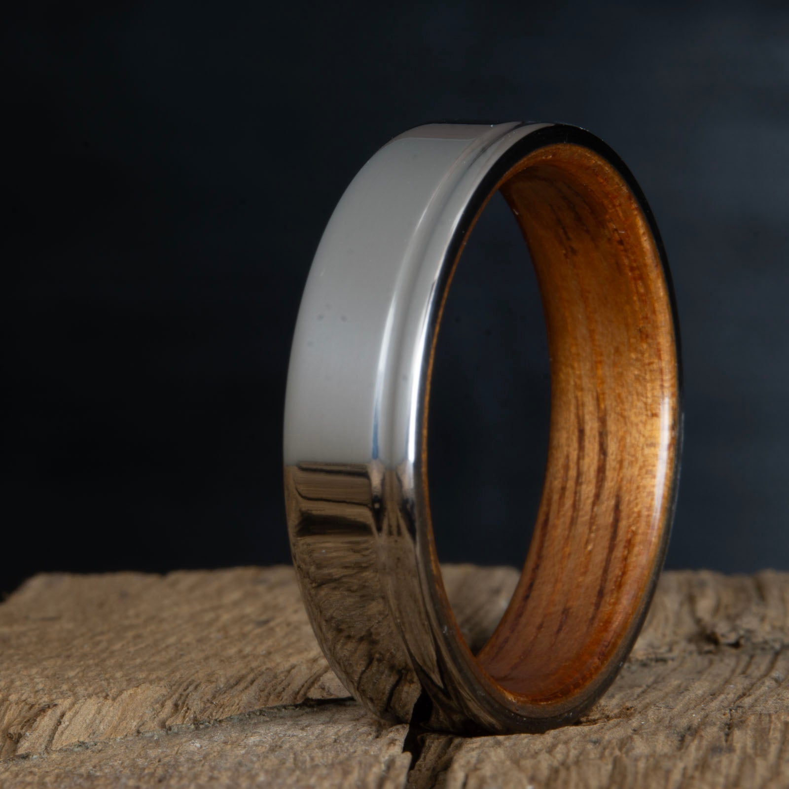 titanium koa wood ring- single groove polished titanium wood ring with koa