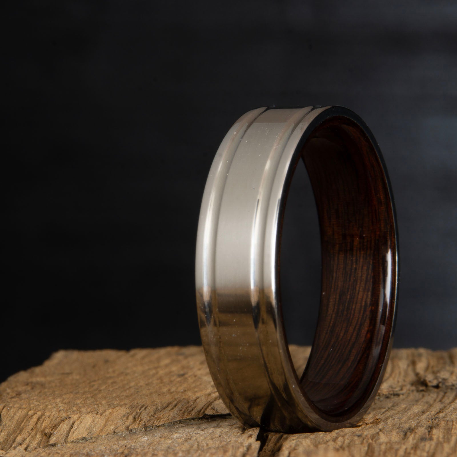 titanium rosewood ring-double groove satin titanium wood ring with rosewood