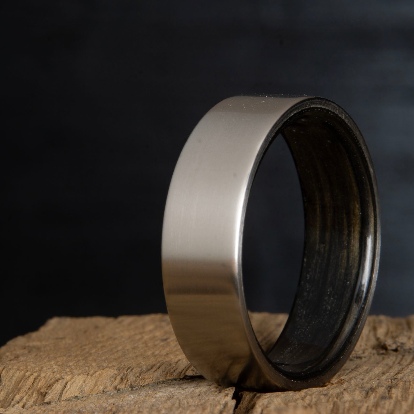 Titanium wood ring with aged whiskey barrel wood