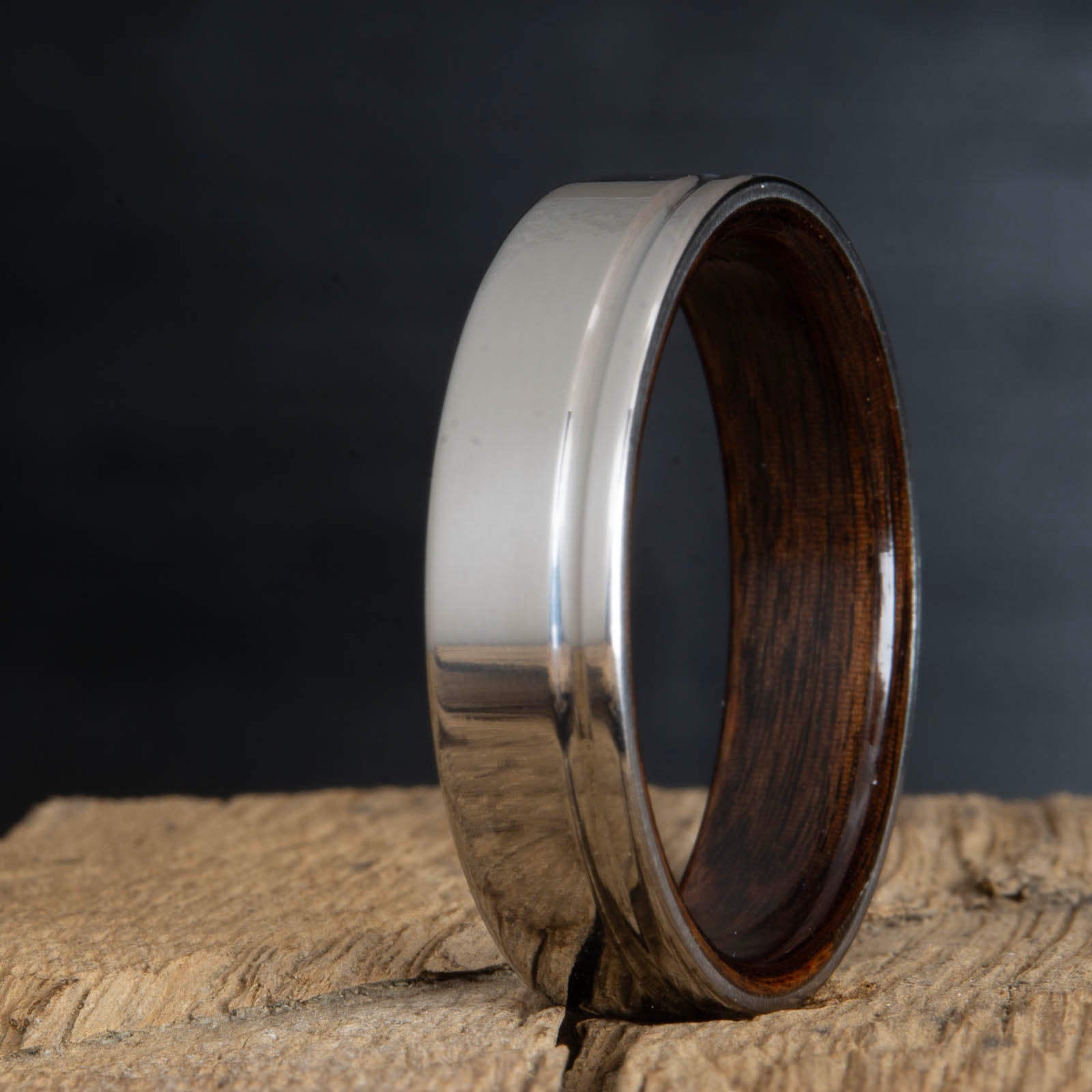 titanium rosewood ring- single groove polished titanium wood ring with rosewood interior
