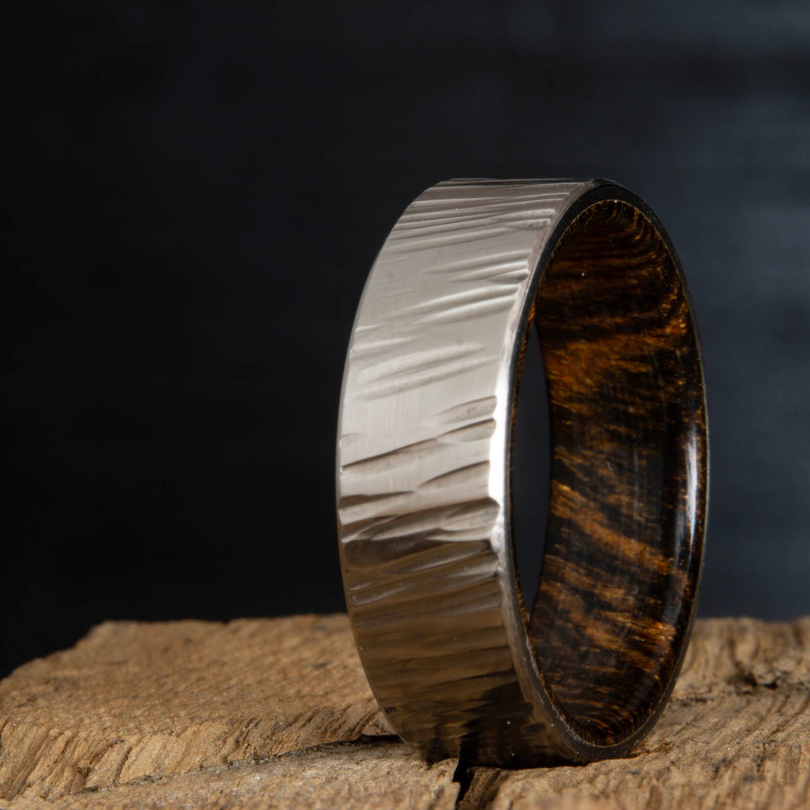 hammered rings- hammered titanium with bocote wood