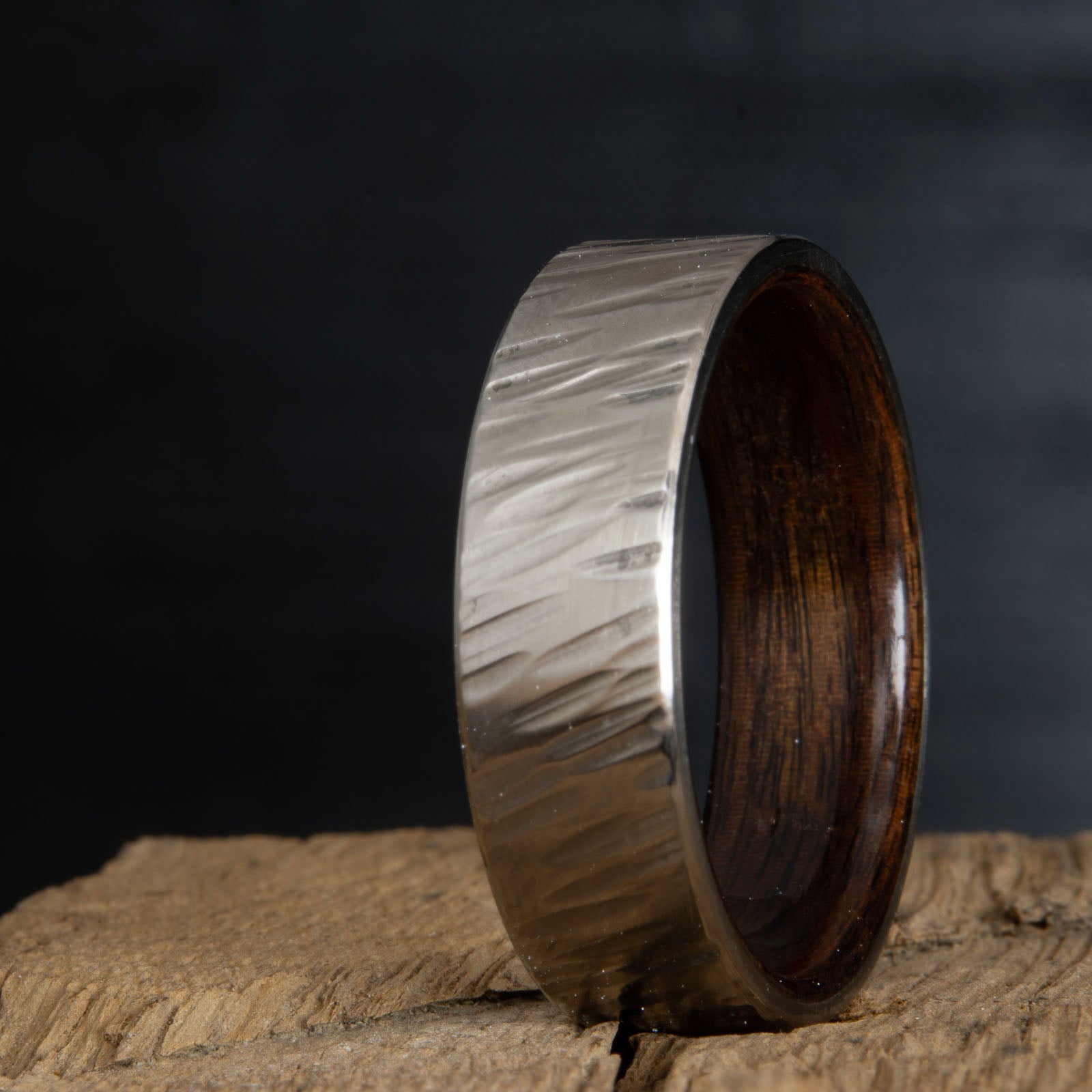 hammered rings- hammered titanium with rosewood