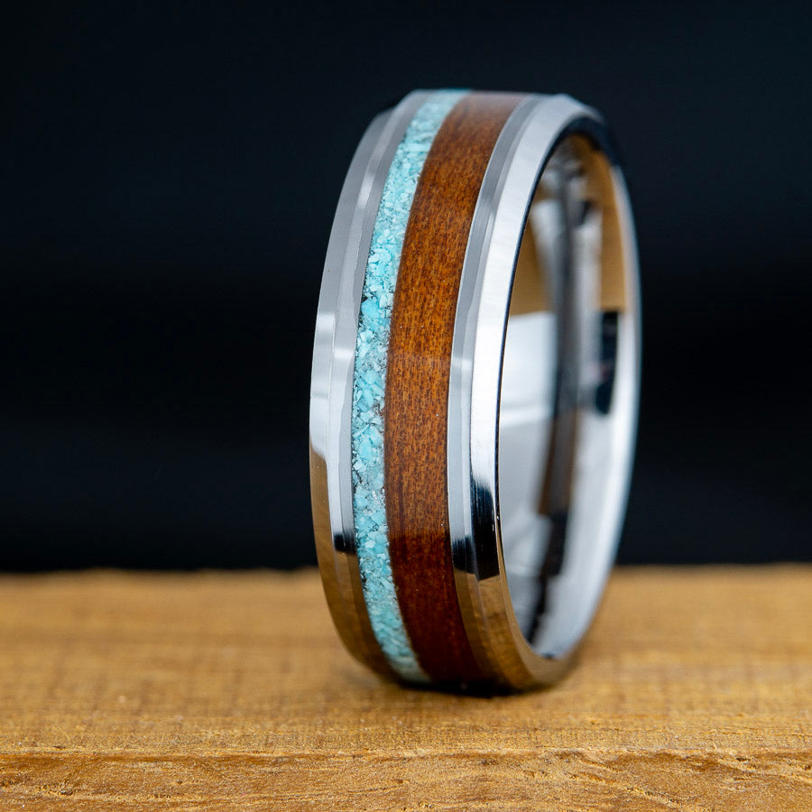 tungsten ring with acacia wood and turquoise inlay