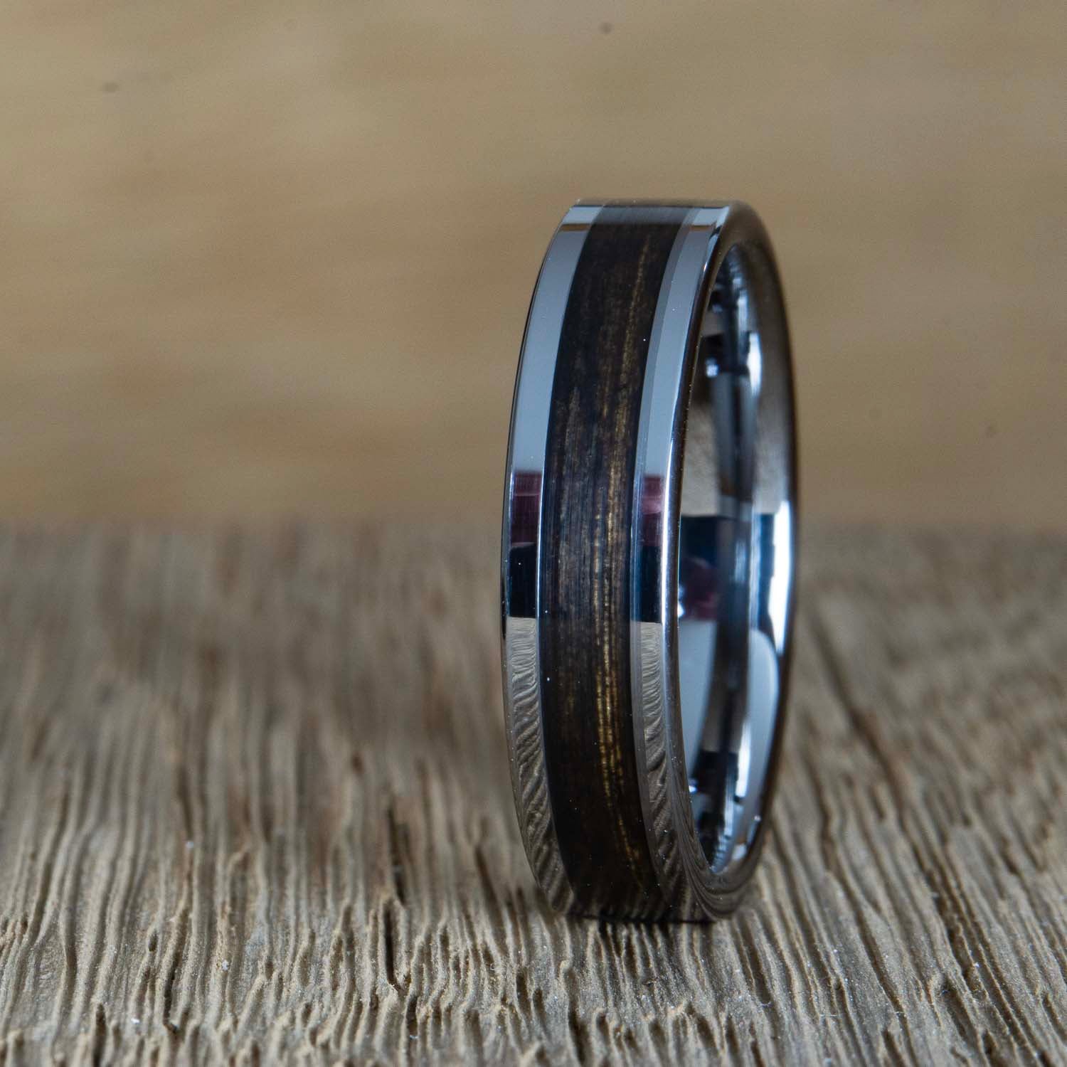 "Black reserve" tungsten with charred Bourbon barrel ring