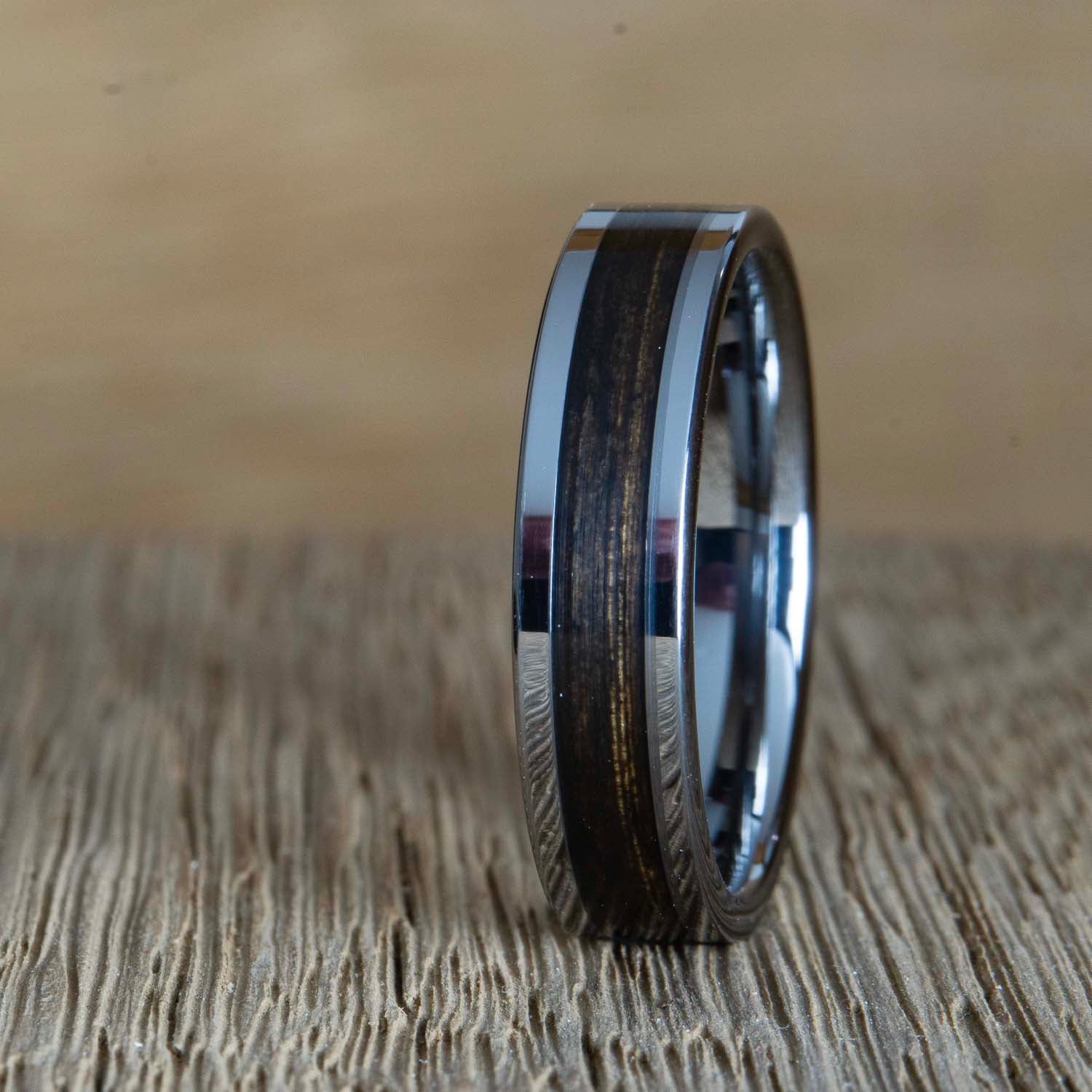 "Black reserve" tungsten with charred Bourbon barrel ring