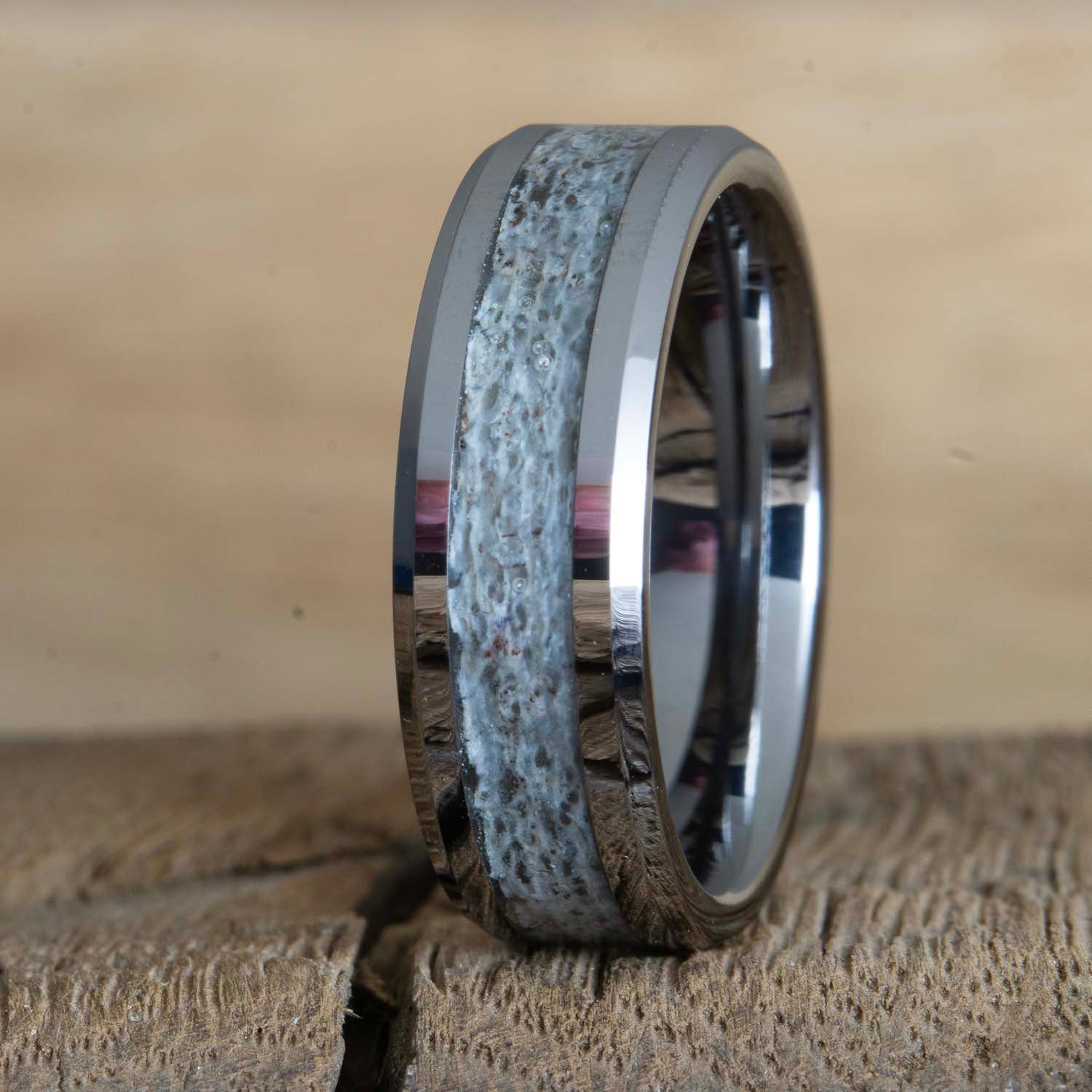 The Backwoods- beveled tungsten ring with Antler