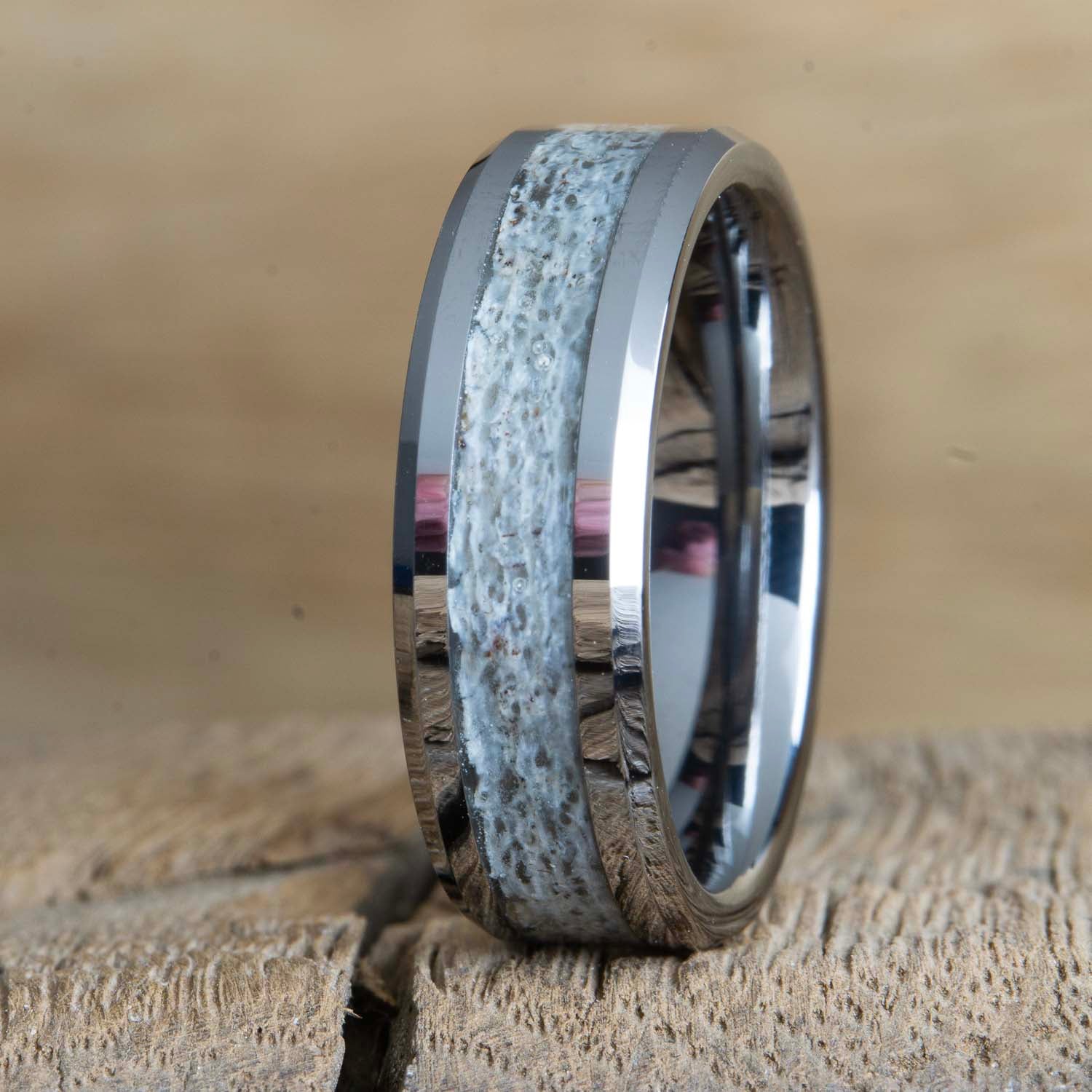 The Backwoods- beveled tungsten ring with Antler