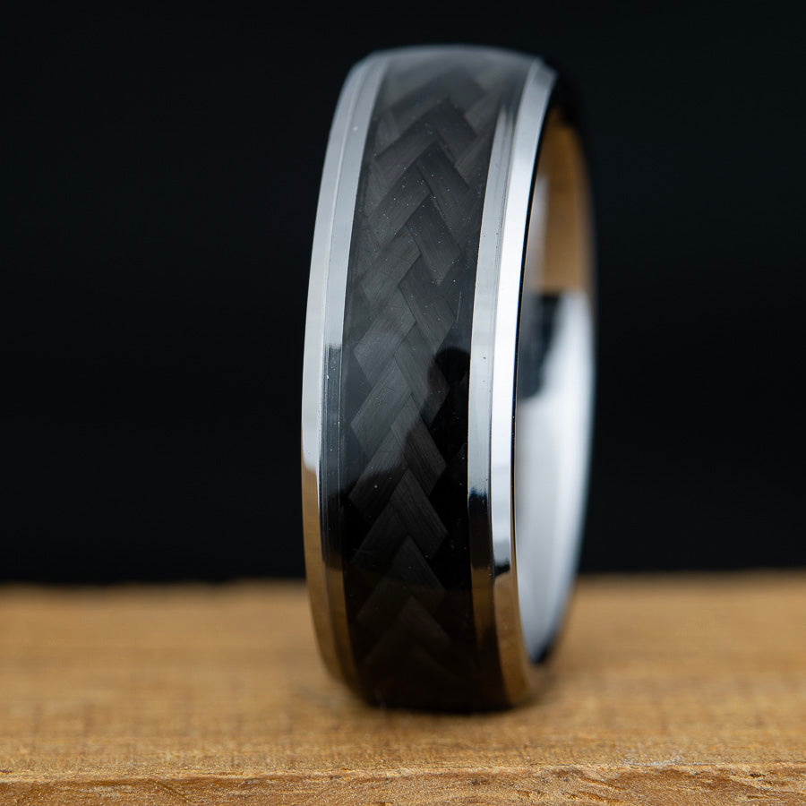 tungsten ring with chevron carbon fiber inlay