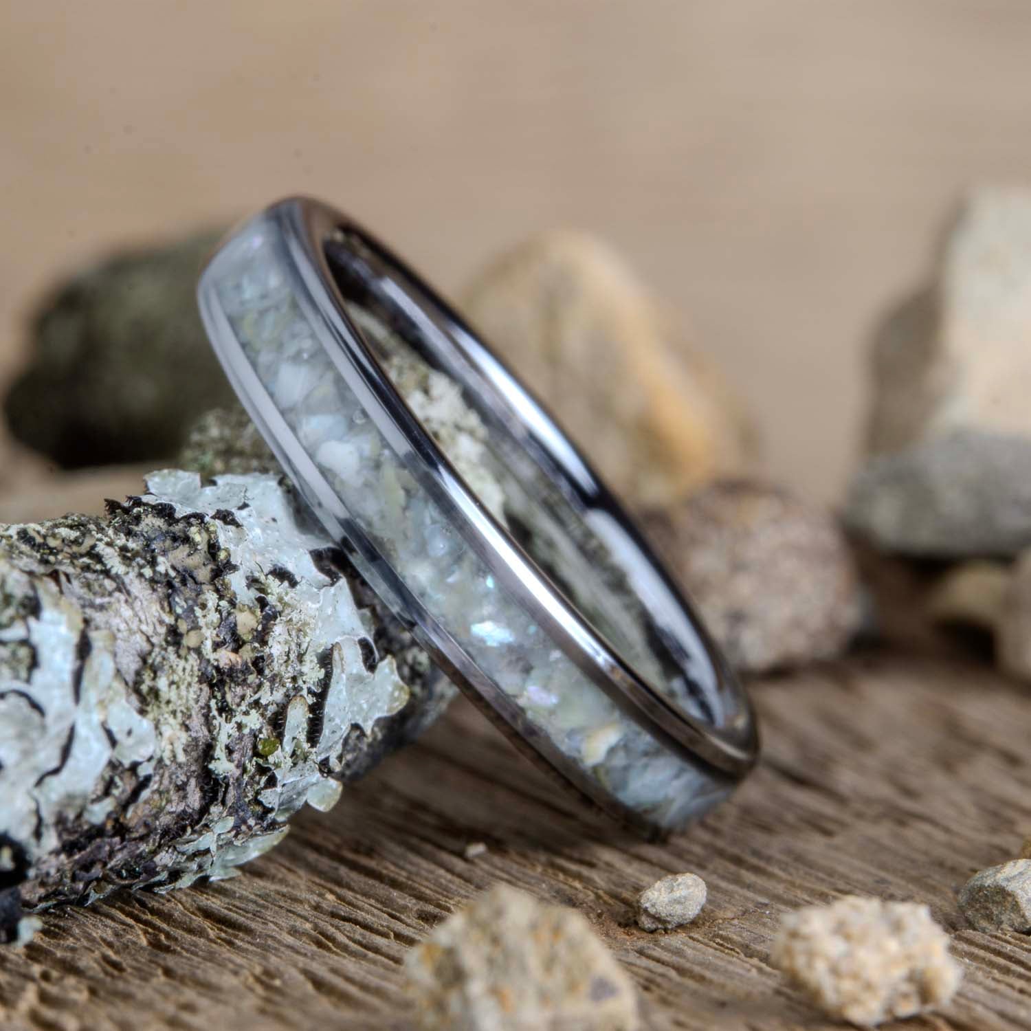 womens alternative wedding band with mother of pearl inlay