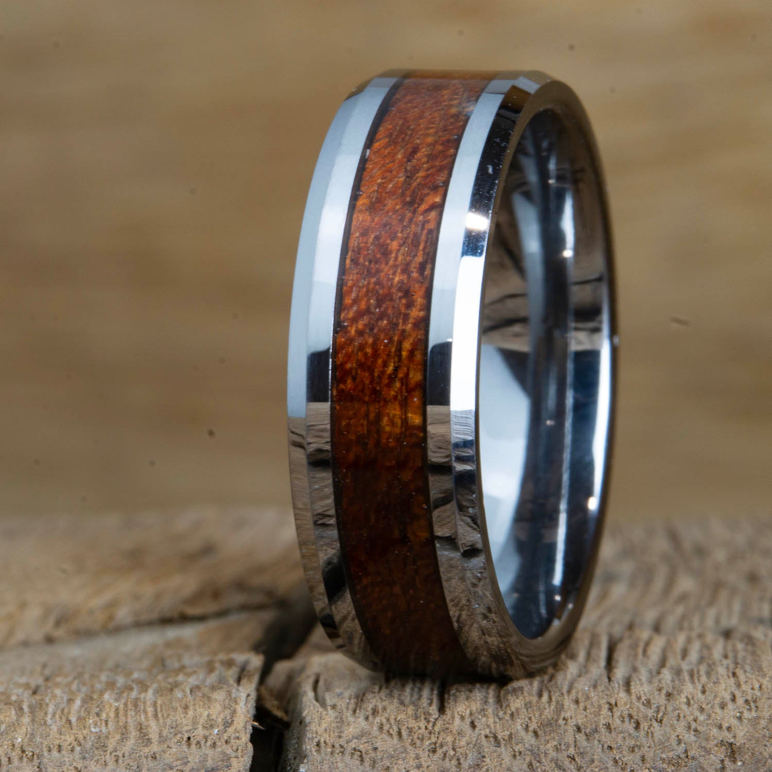 "The Woodsman" Beveled edge Tungsten ring with Acacia wood inlay