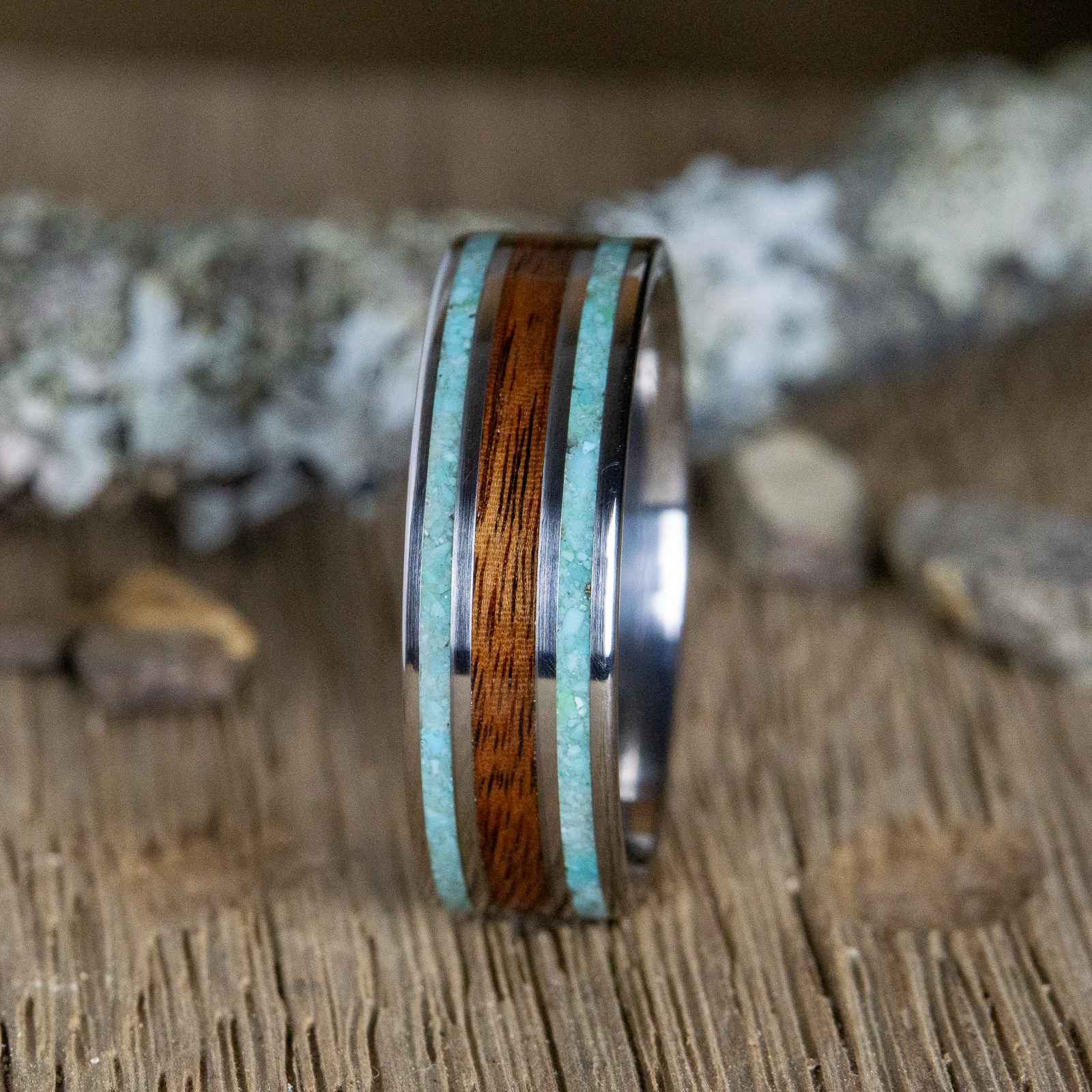 men titanium ring with rosewood and turquoise inlays