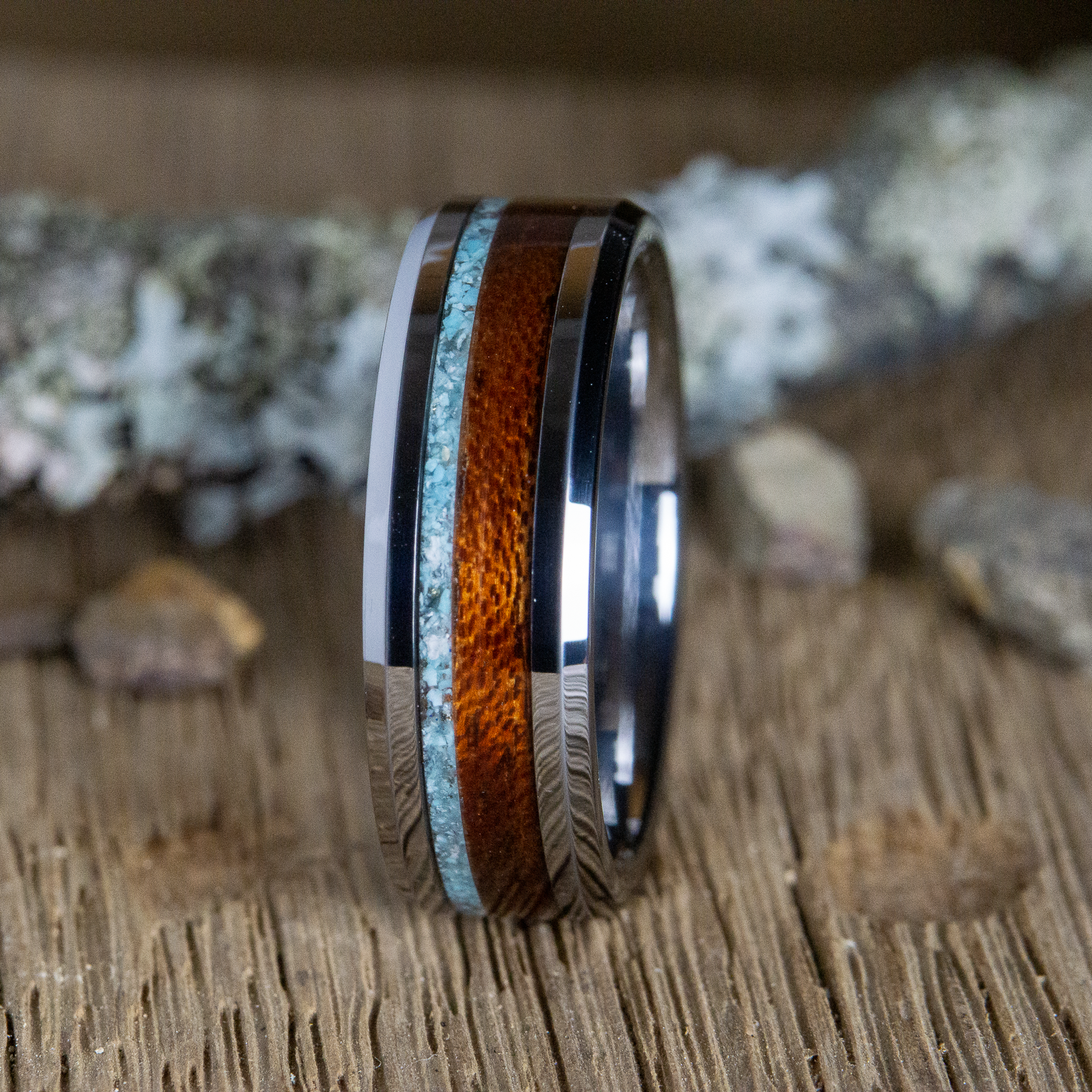 tungsten ring with acacia wood and turquoise