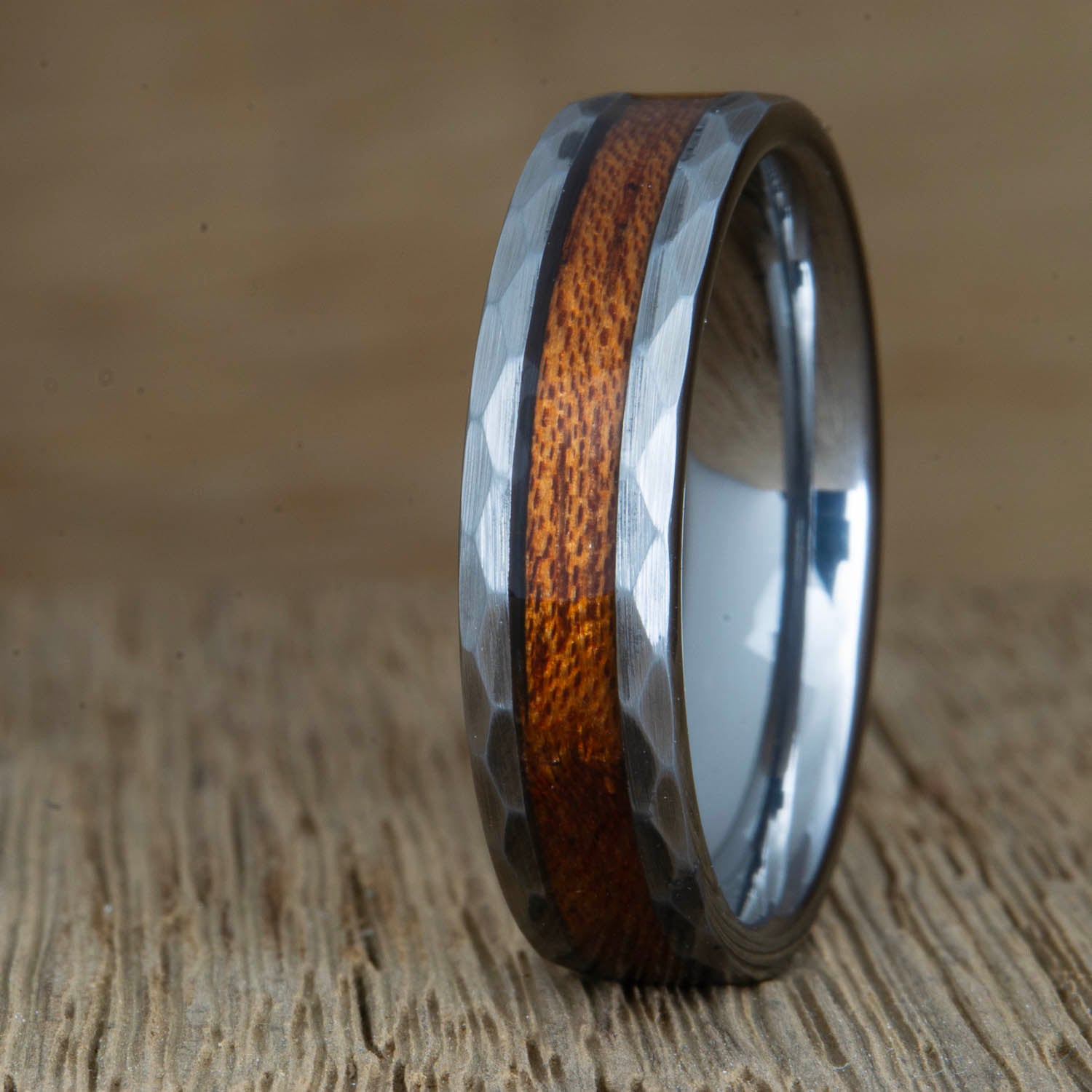 hammered tungsten ring with Acacia wood inlay