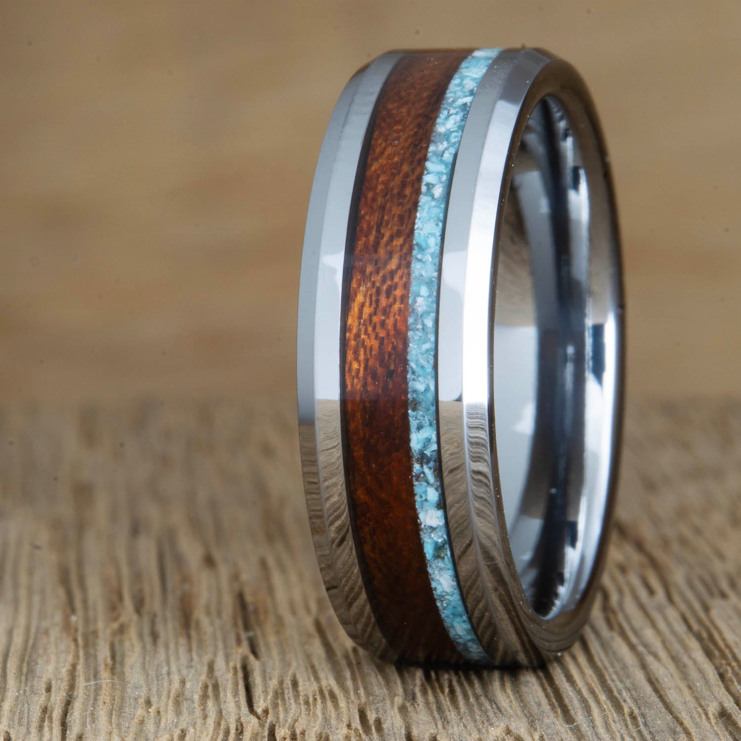 mens tungsten ring with turquoise and acacia wood