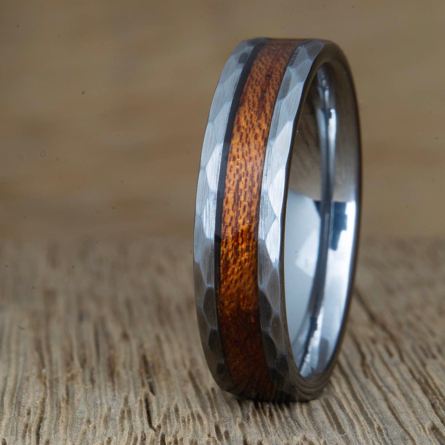 "Thor" Hammered tungsten ring with Acacia wood